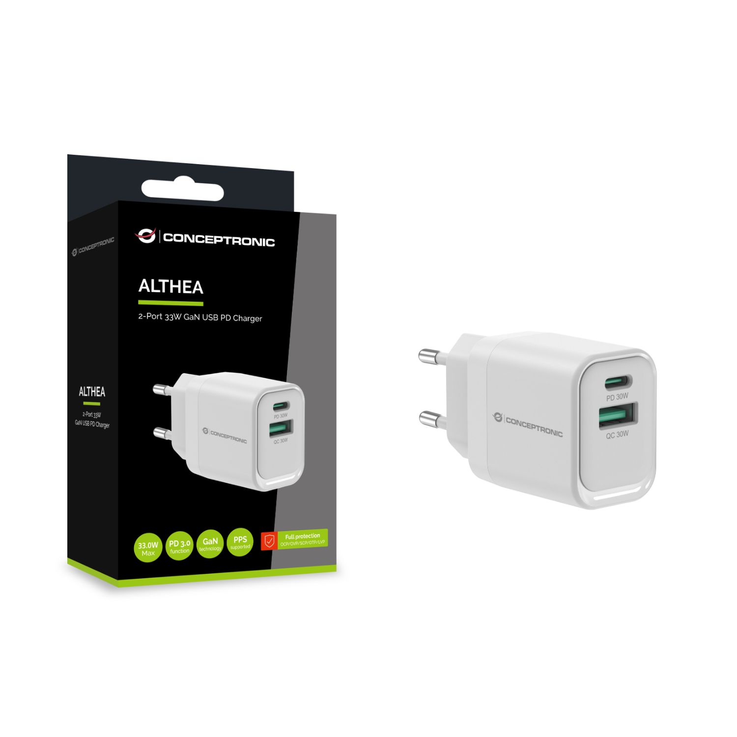 ALTHEA19W33 - Cargador de Pared CONCEPTRONIC 1xUSB-A 1xUSB-C 33W PD 3.0 QC Blanco (ALTHEA19W33)