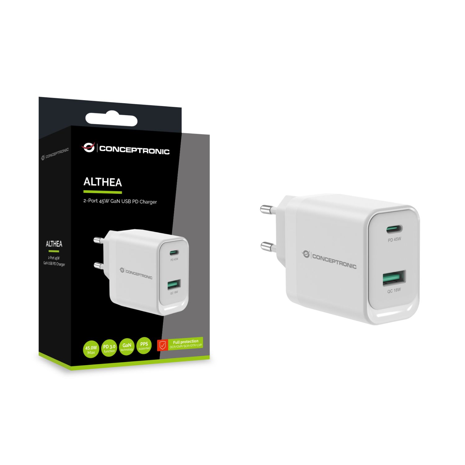 ALTHEA20W45 - Cargador de Pared CONCEPTRONIC 1xUSB-A 1xUSB-C 45W PD 3.0 QC Blanco (ALTHEA20W45)