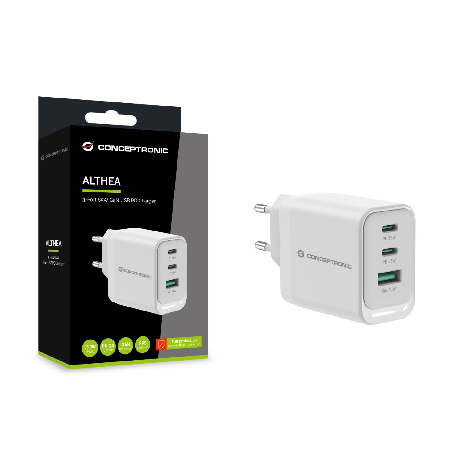 ALTHEA21W65 - Cargador de Pared CONCEPTRONIC 1xUSB-A 2xUSB-C 65W PD 3.0 QC Blanco (ALTHEA21W65)