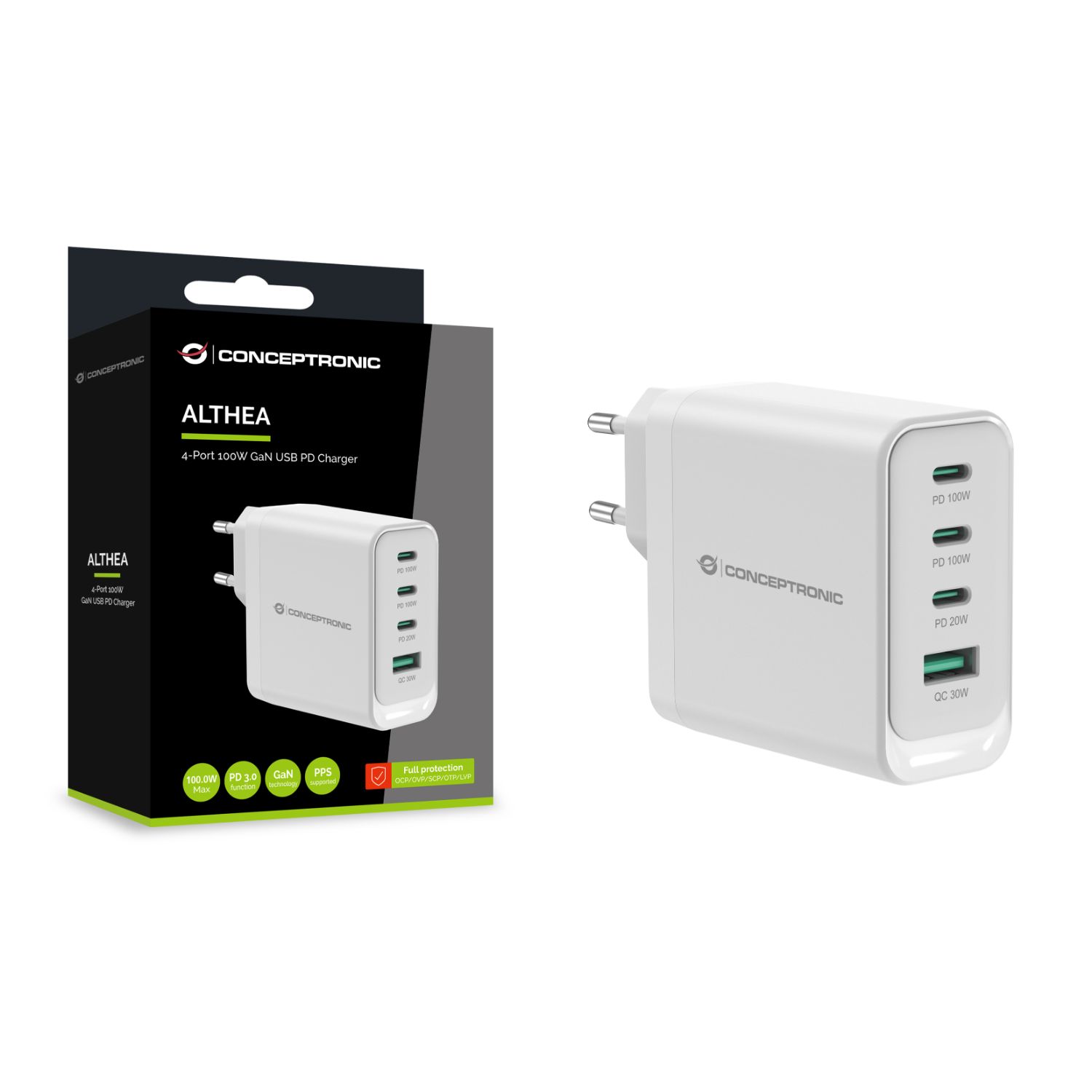 ALTHEA22W100 - Cargador de Pared CONCEPTRONIC 1xUSB-A 3xUSB-C 100W PD 3.0 QC Blanco (ALTHEA22W100)