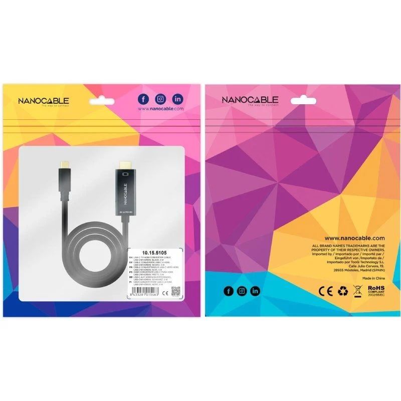 10.15.5105 - Cable Conversor NANOCABLE Usb-C/M a HDMI/M 4K a 60Hz 5m Negro (10.15.5105)