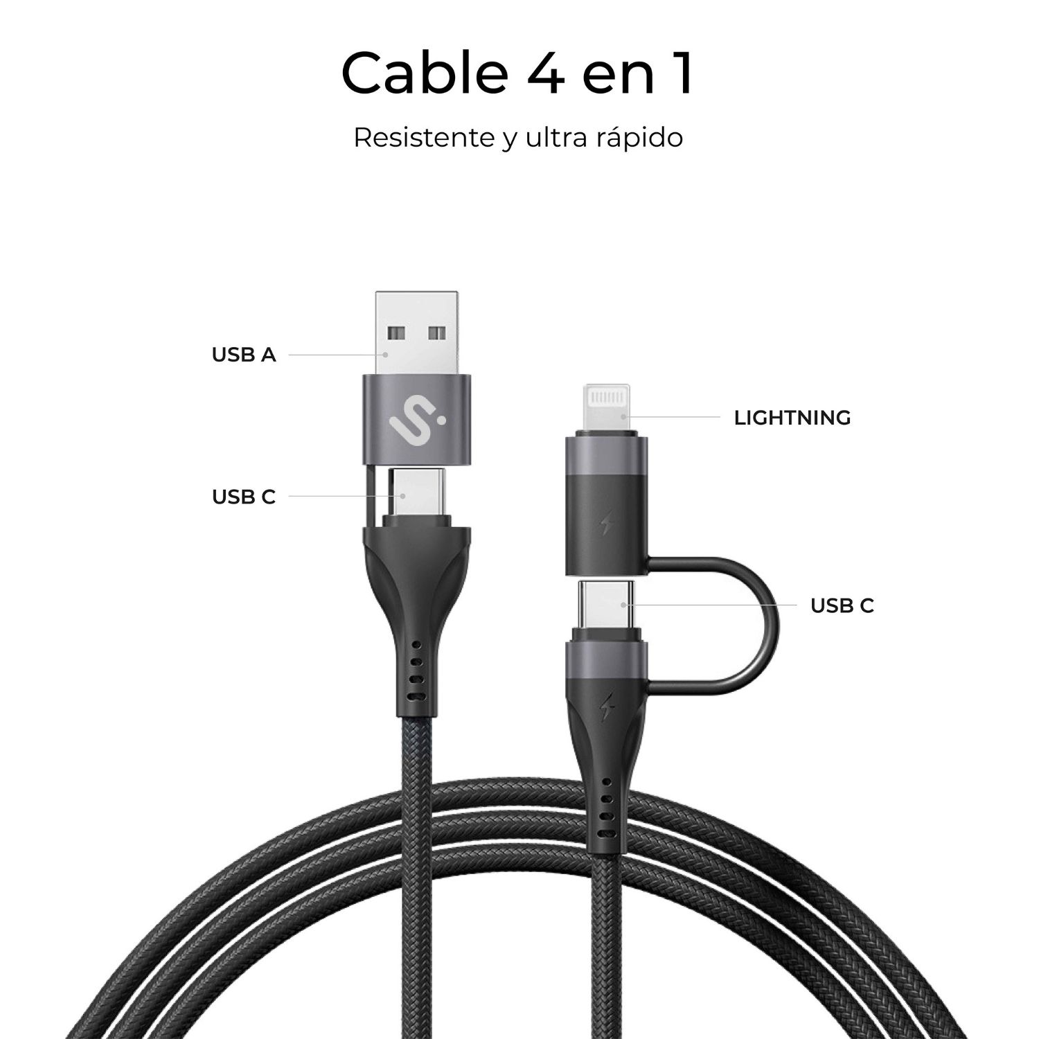 SUBCAB-4IN101 - Cable SUBBLIM USB-A/C/C/Lightning 60W 1m Negro (SUBCAB-4IN101)