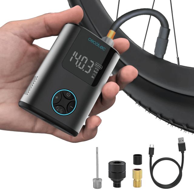 A01_EU01_106113 - Inflador elctrico CECOTEC Mini Air Max para bicicleta, moto, coche, patinetes y balones. Con doble batera de 600 mAh y capacidad inflado de hasta 150psi para dos neumticos de bicicleta (A01_EU01_106113)