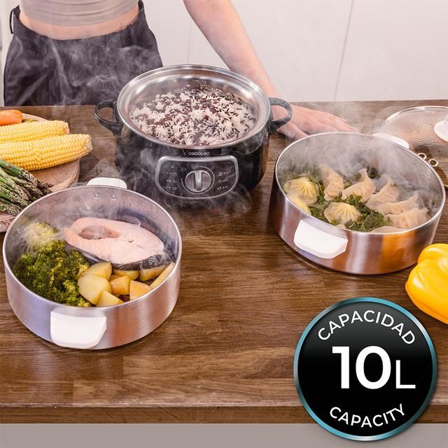 A01_EU01_100072 - Vaporera elctrica CECOTEC Vapovita SteelPot 1300W, con 3 recipientes de acero inoxidable y 10 L de capacidad total.(A01_EU01_100072)