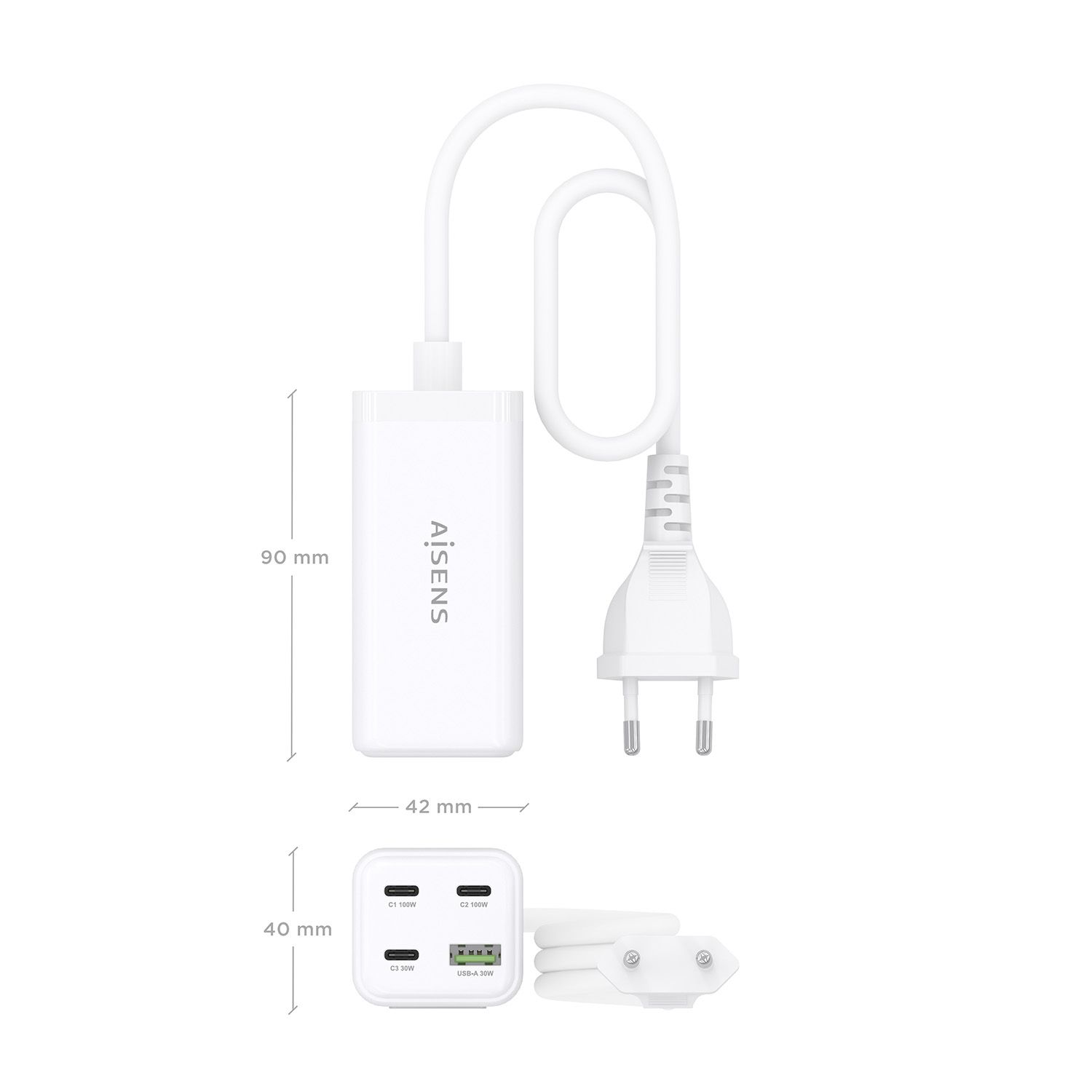 ASCH-100W4P053-W - Cargador de sobremesa AISENS GaN 100w 3Usb-C 1Usb-A Blanco (ASCH-100W4P053-W)