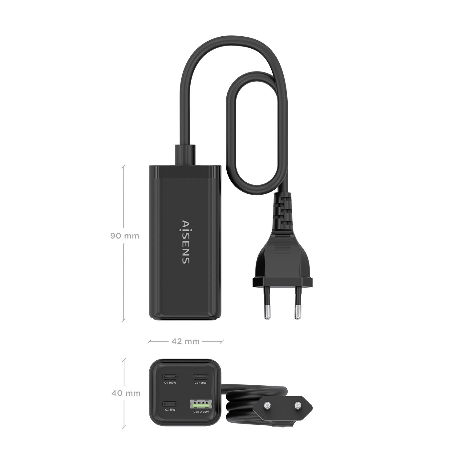 ASCH-100W4P054-BK - Cargador de sobremesa AISENS GaN 100w 3Usb-C 1Usb-A Negro (ASCH-100W4P054-BK)