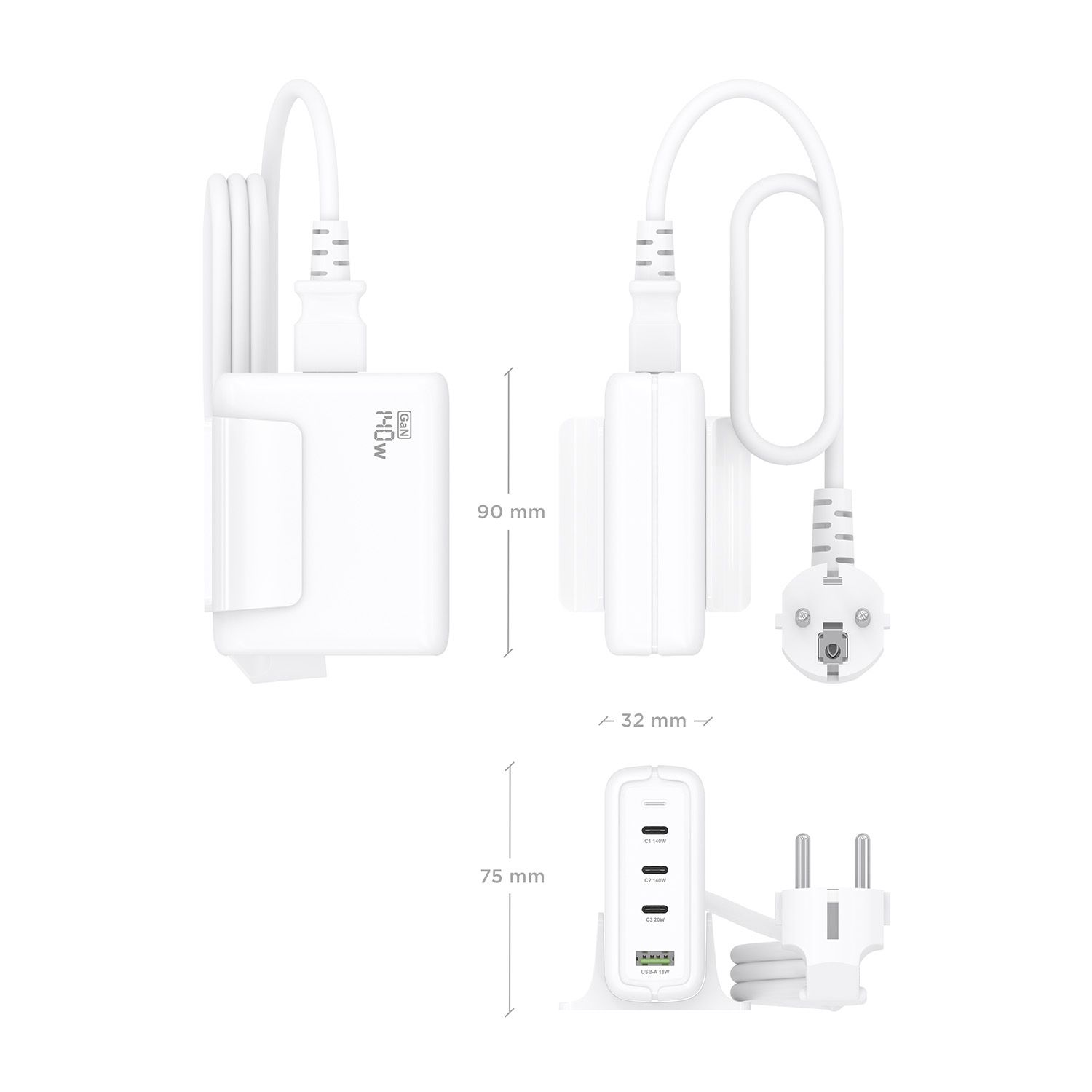 ASCH-140W4P055-W - Cargador de sobremesa AISENS GaN 140W 3Usb-C 1Usb-A Blanco (ASCH-140W4P055-W)