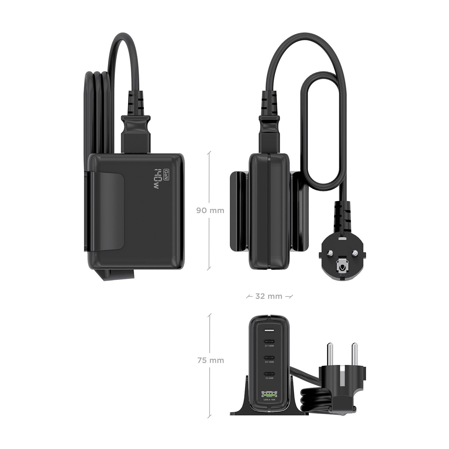 ASCH-140W4P056-BK - Cargador de sobremesa AISENS GaN 140W 3Usb-C 1Usb-A Negro (ASCH-140W4P056-BK)