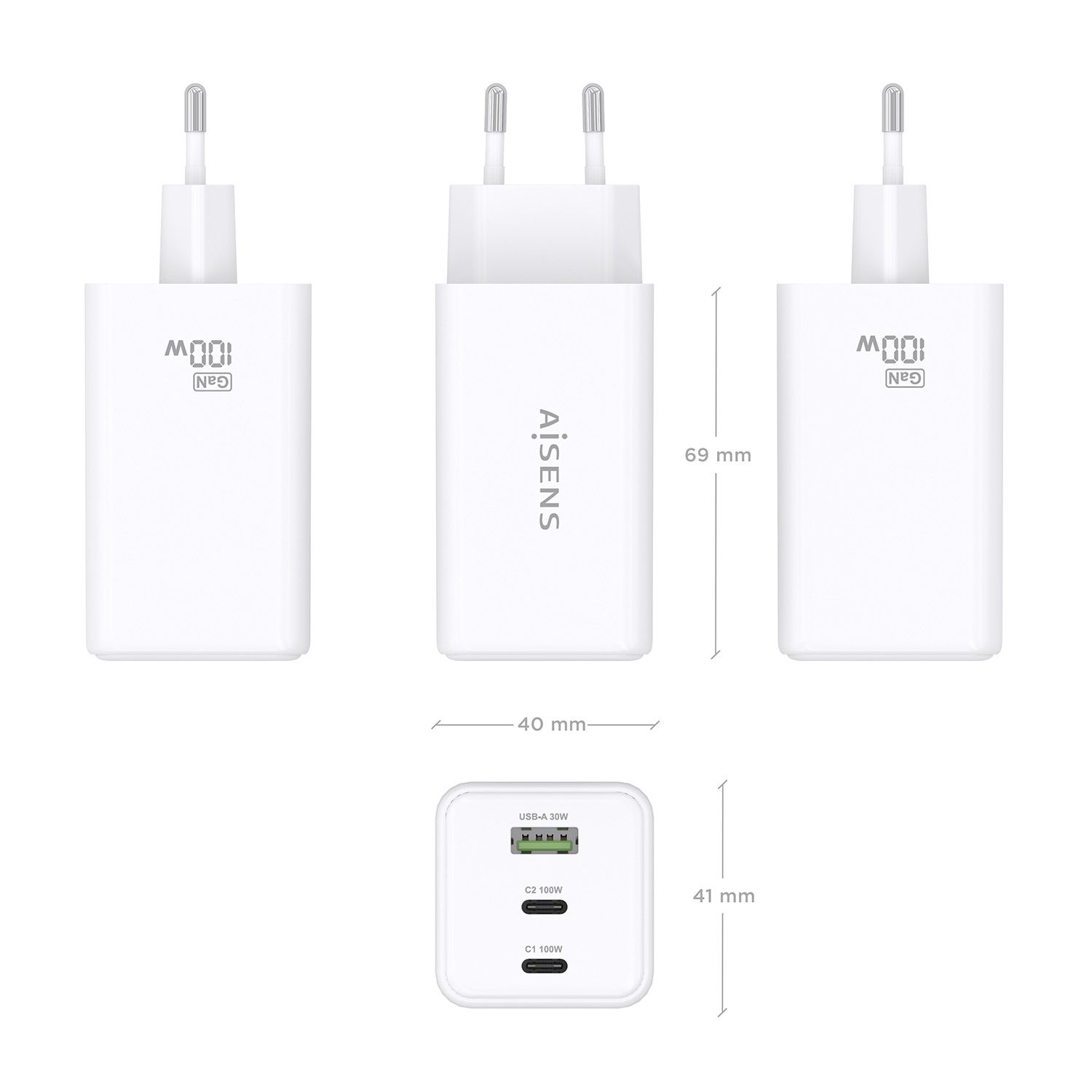 ASCH-100W3P051-W - Cargador de Pared AISENS GaN 100W 2Usb-C PD 1Usb-A Blanco (ASCH-100W3P051-W)