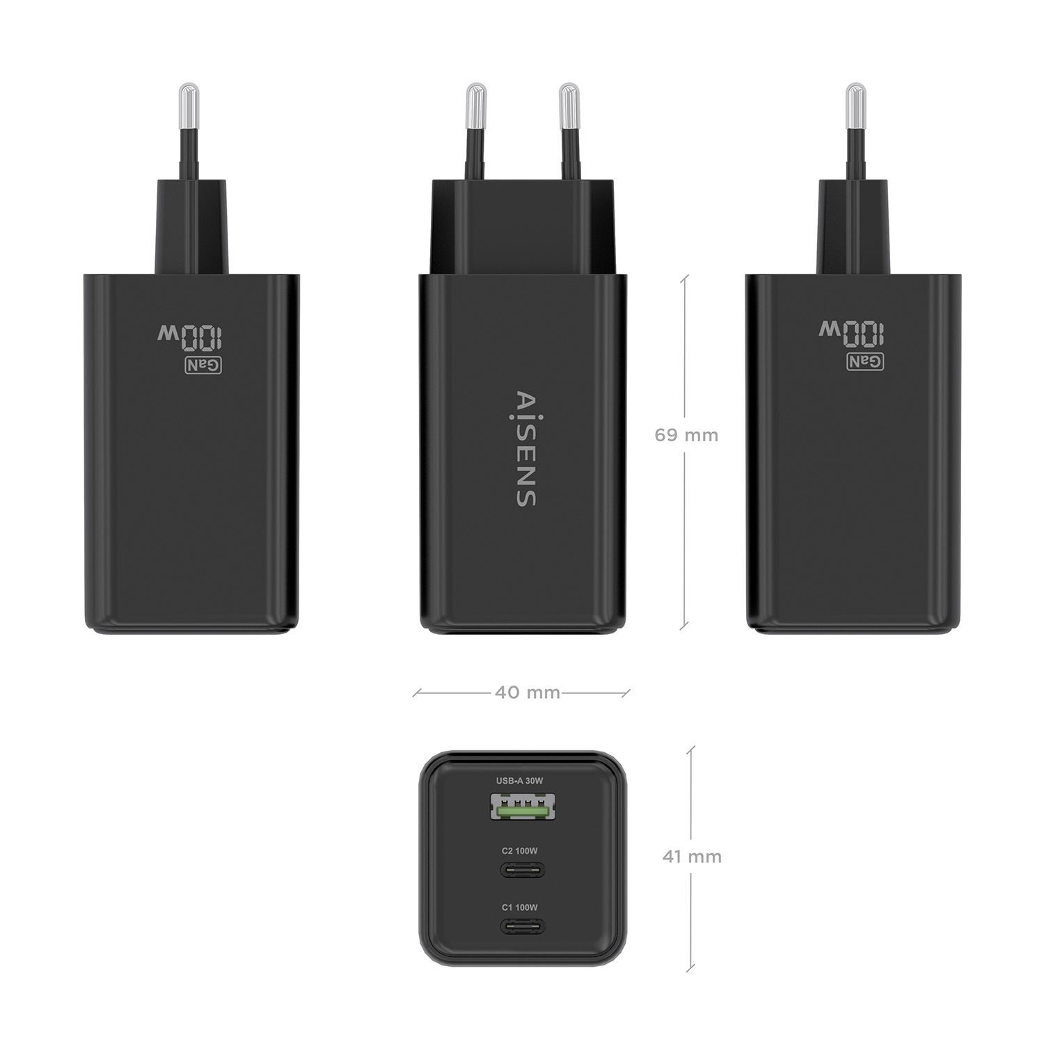 ASCH-100W3P052-BK - Cargador de Pared AISENS 100W 2Usb-C PD3.0 1Usb-A Negro (ASCH-100W3P052-BK)