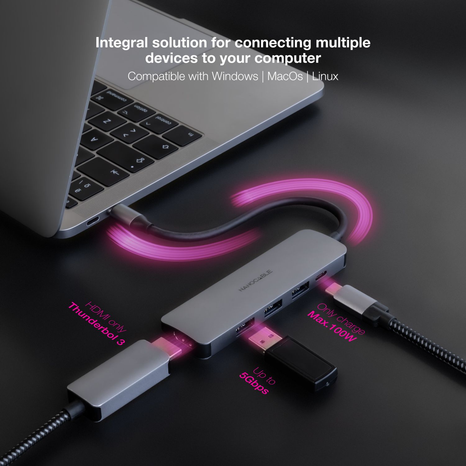10.16.4605 - Docking Nanocable Usb-C a 3Usb-A/HDMI 4K/Usb-C PD. Gris (10.16.4605)