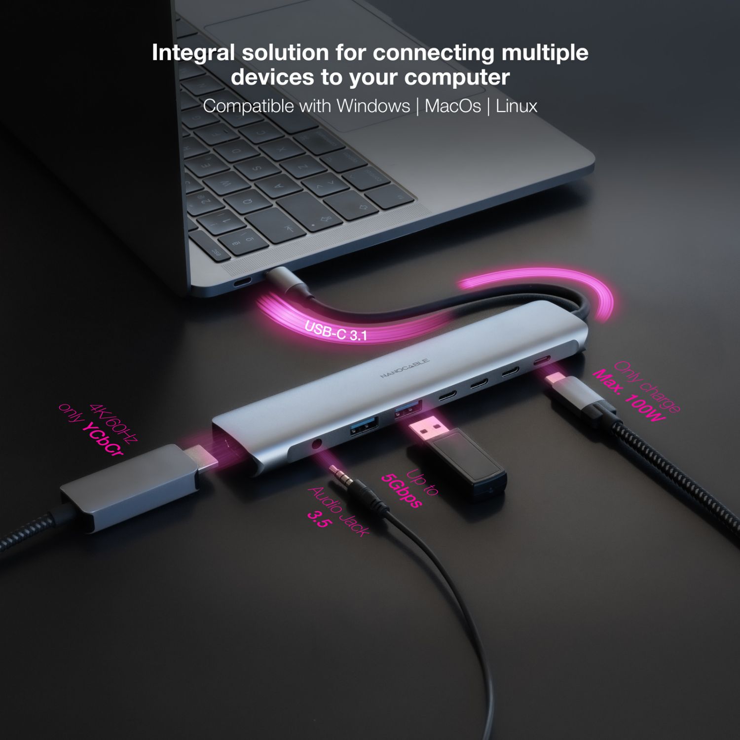 10.16.4608 - Docking Nanocable 8en1 Usb-C a 2xUsb/ 3xUsb-C/ 1xHDMI 4K/ 1xJack 3.5mm/ 1xUsb-C PD. Gris (10.16.4608)