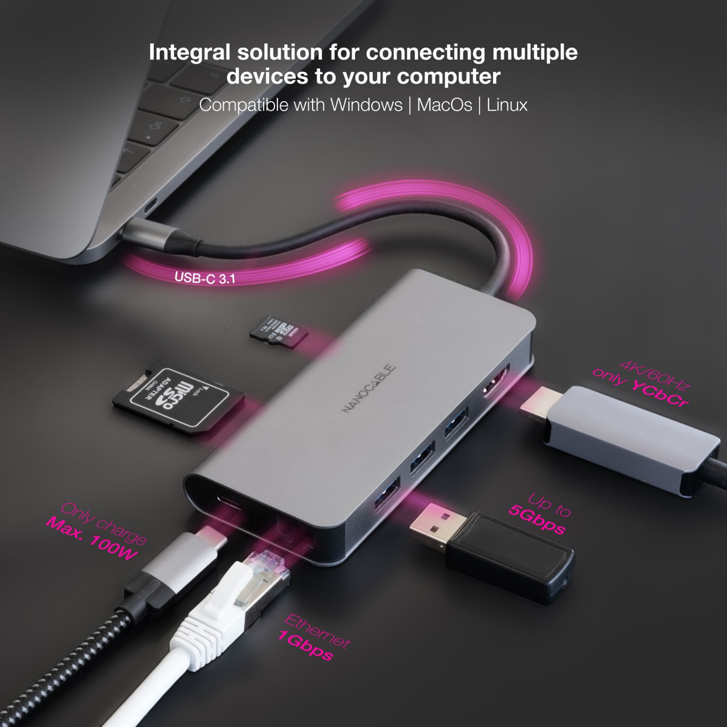 10.16.4609 - Docking Nanocable 8en1 Usb-C a 3xUsb/ 1xHDMI 4K/ 1xRJ45/ 1xLector tarjetas/ 1xUsb-C PD/ Gris (10.16.4609)