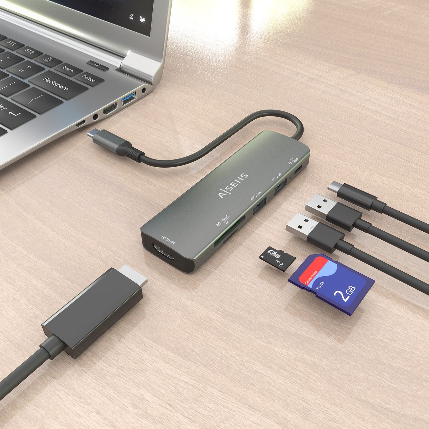 ASUC-6P023-GR - Docking AISENS 6en1 Usb-C a 1xHDMI/ 2xUsb/ 1xUsb-C PD/ 1xLector Tarjetas. Gris (ASUC-6P023-GR)