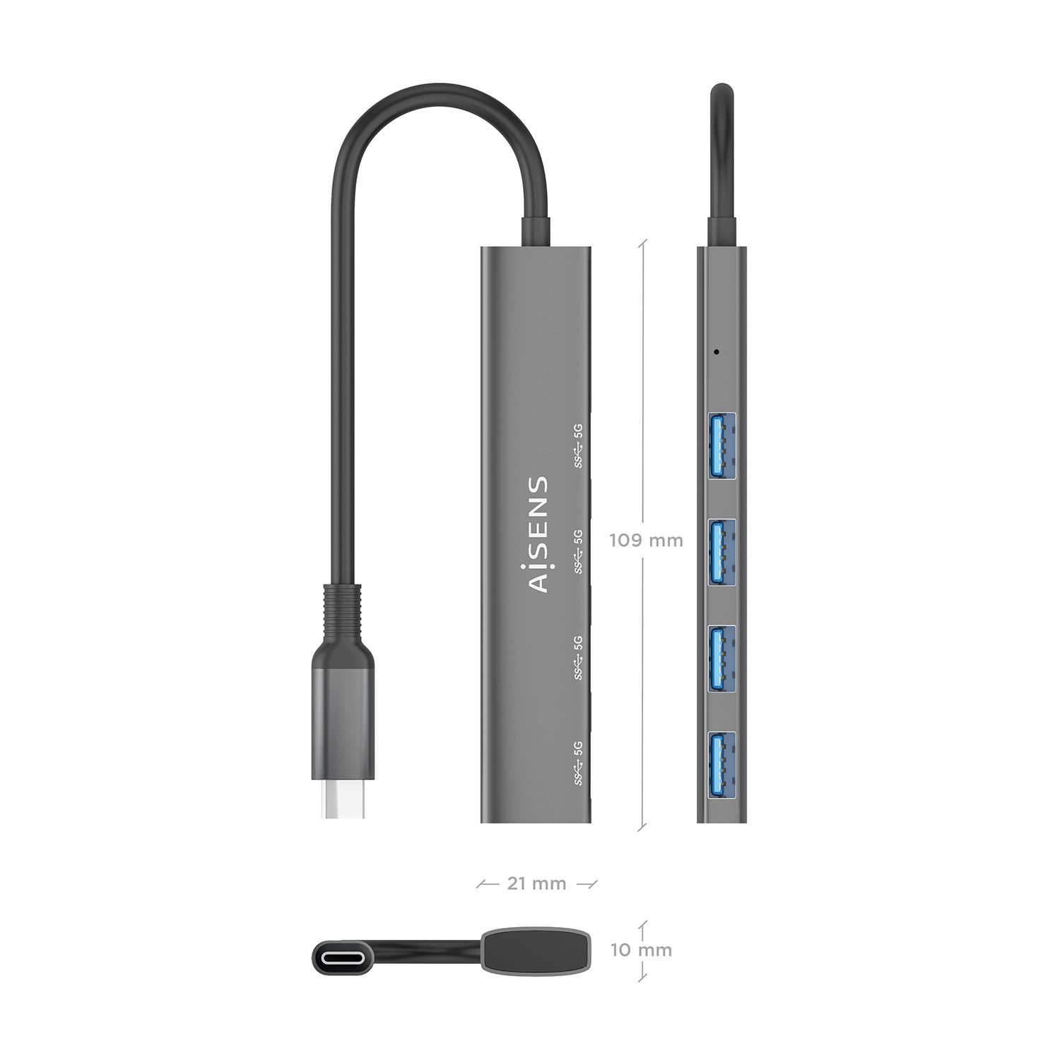 A109-0943 - Hub Aisens Usb-C/M a 4Usb-A/H 15cm Gris (A109-0943)