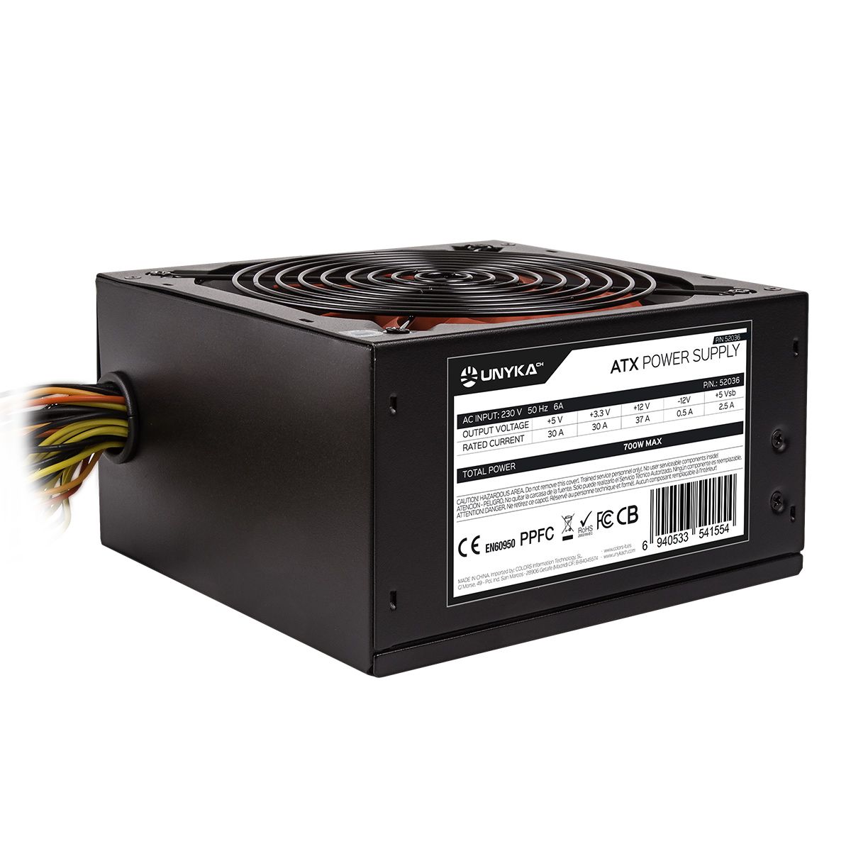 52036/Bulk - Fuente Gaming UNYKA ATX 700W PFC 140mm 24-pin ATX Molex SATA PCIe Bulk Negra/Ventilador Rojo (52036/Bulk)