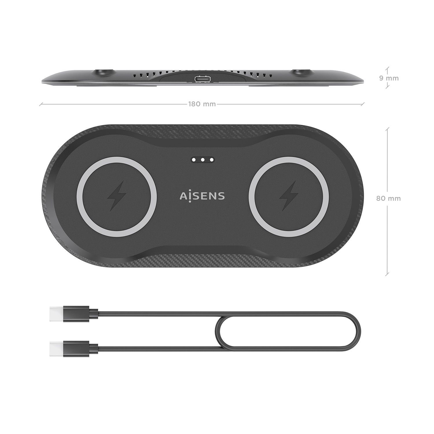 ASCH-15W2WC060-BK - Estacin de Carga AISENS Qi 2en1 Usb-C 15W Negro (ASCH-15W2WC060-BK)