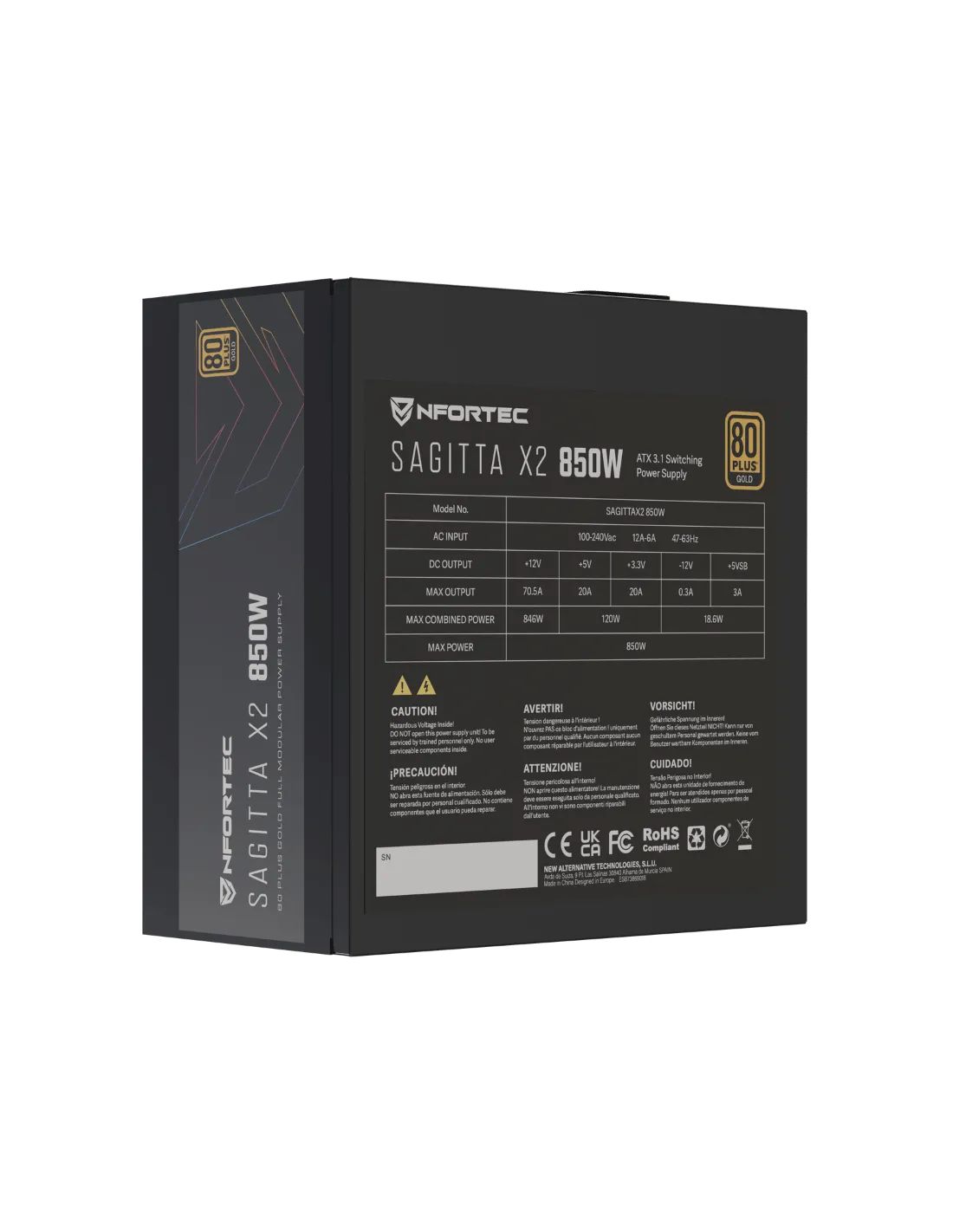 NF-PSU-SAGITTAX2-FM-850W - Fuente Nfortec ATX 850W Full Modular 12cm PCIe 80+ Gold Negra (NF-PSU-SAGITTAX2-FM-850W)