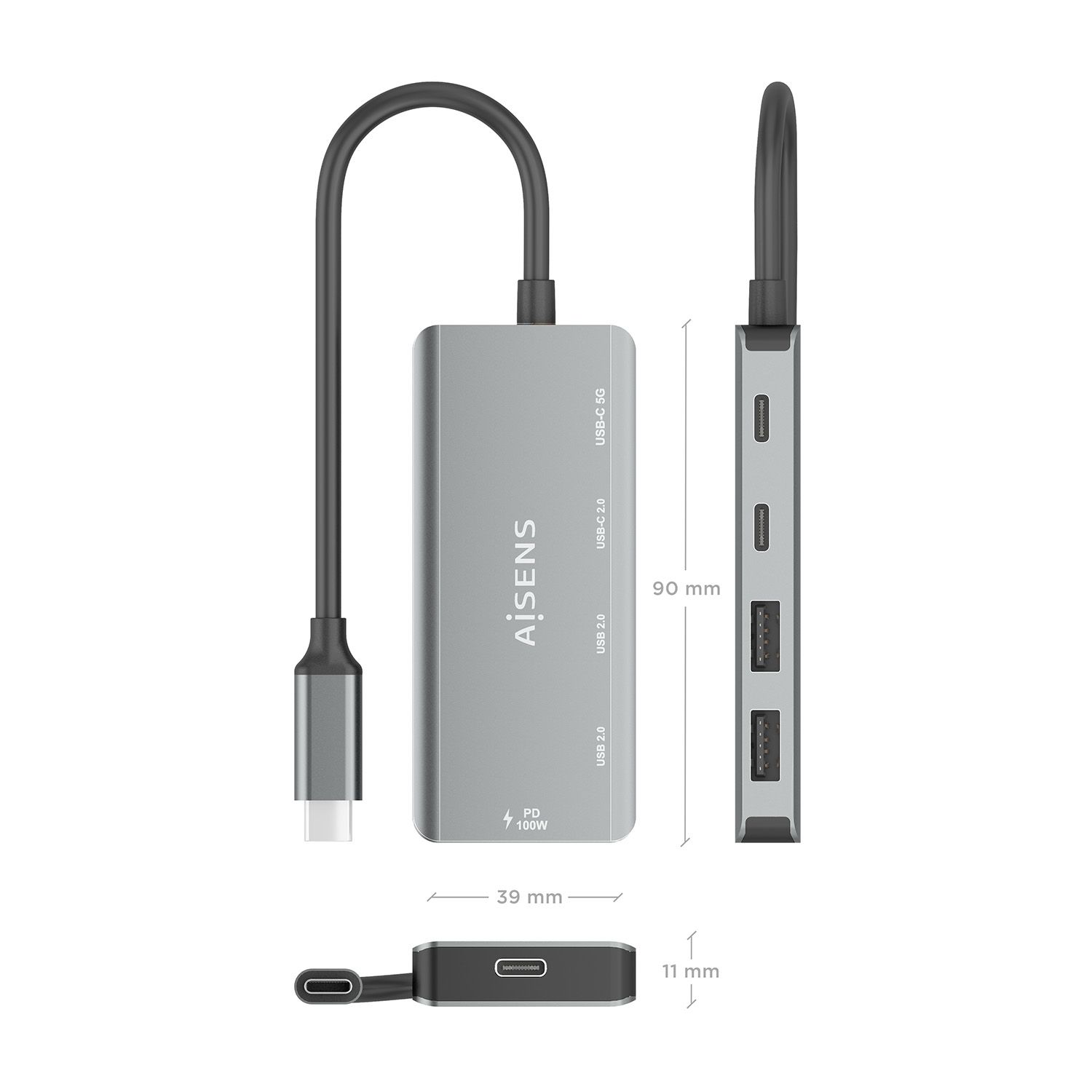 A109-0946 - Hub AISENS USB-C a 2xUSB 2.0 PD 100W Gris (A109-0946)