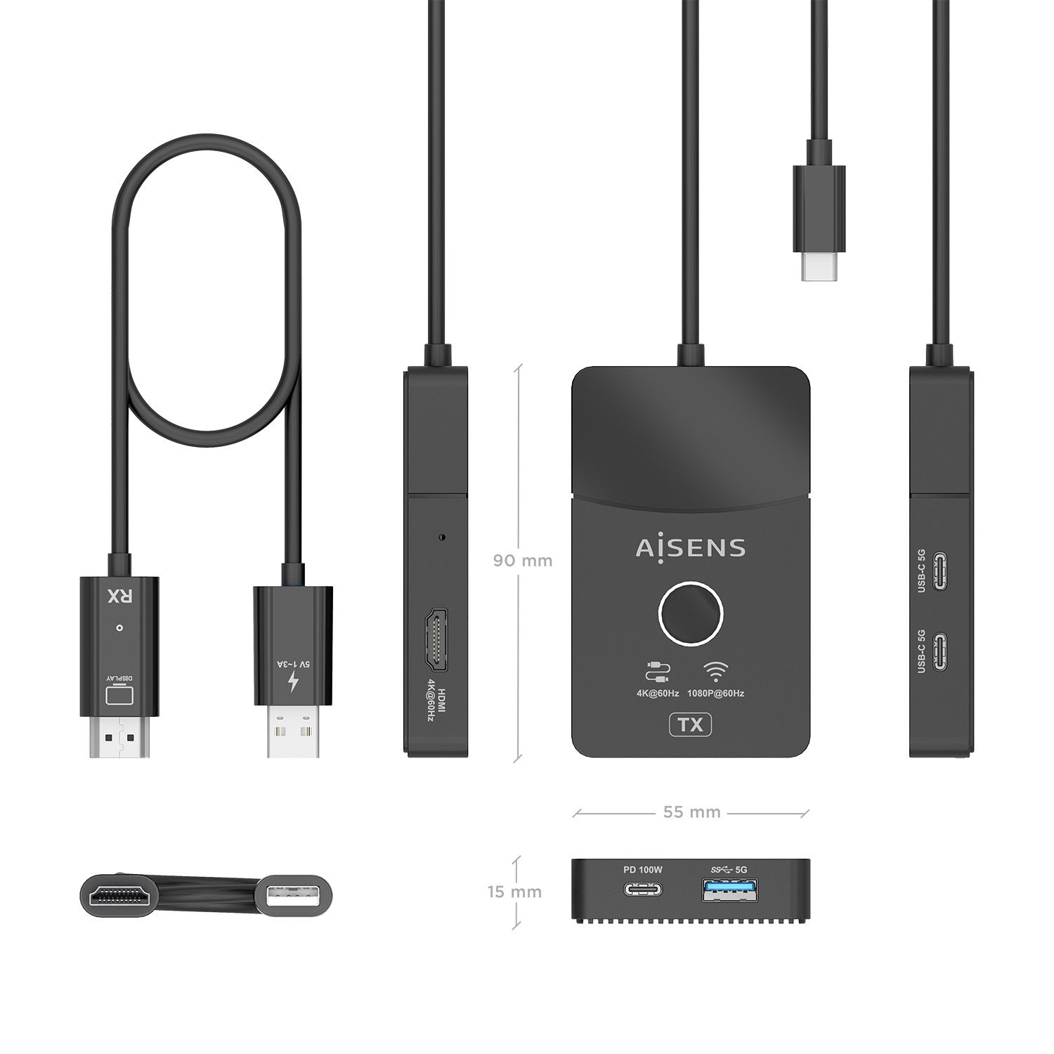 ASWL-H2KDC30M05-BK - Docking Station AISENS USB-C a HDMI FHD/60Hz 1xHDMI 2xUSB-C 1xUSB-A 1xUSB-C PD 100W Negro (ASWL-H2KDC30M05-BK)