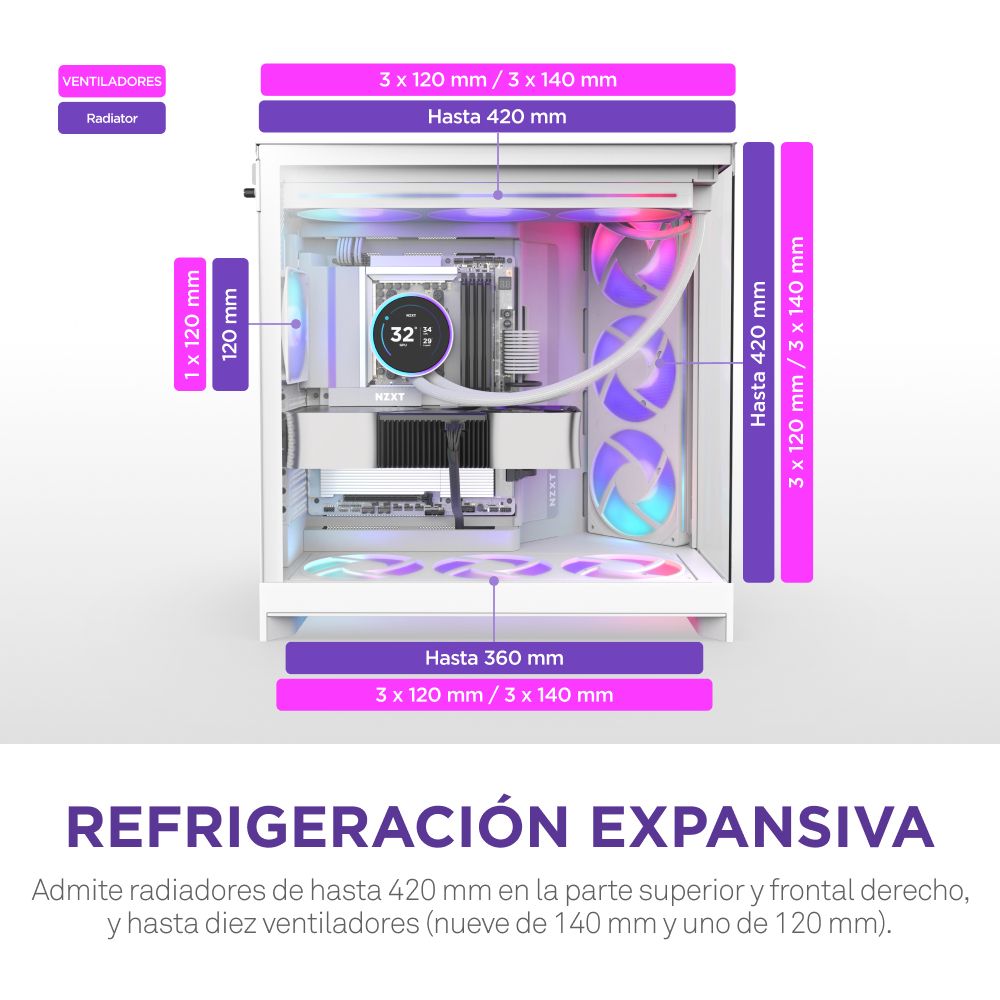 CM-H92FW-R1 - Caja NZXT H9 Flow Panel Lateral de Cristal Templado RGB 2xUSB-A 3.0 1xUSB-C 3.1 ATX EATX mATX Mini-ITX Blanca (CM-H92FW-R1)