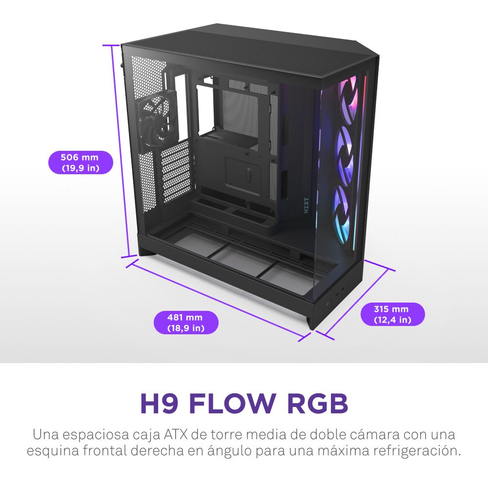 CM-H92FB-R1 - Caja NZXT H9 Flow Panel Lateral de Cristal Templado RGB 2xUSB-A 3.0 1xUSB-C 3.1 ATX EATX mATX Mini-ITX Negra (CM-H92FB-R1)
