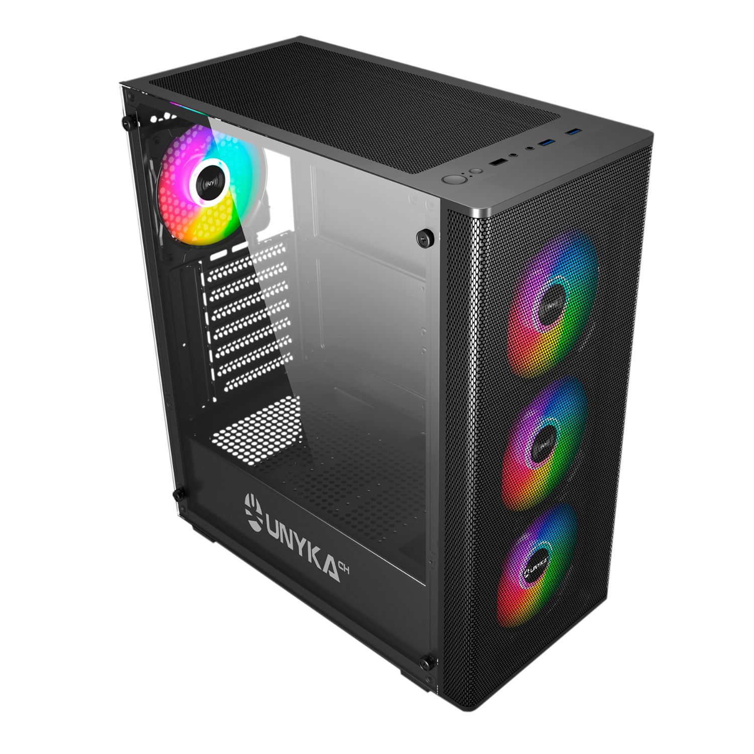 OUT5964 - Caja PC UNYKA Mir 100 ARGB USB 2.0 USB-A 3.0 ATX Negra (UK511303) (OUT5964). Buen estado. Leve golpe en pata trasera. Completa. (OUTLET)