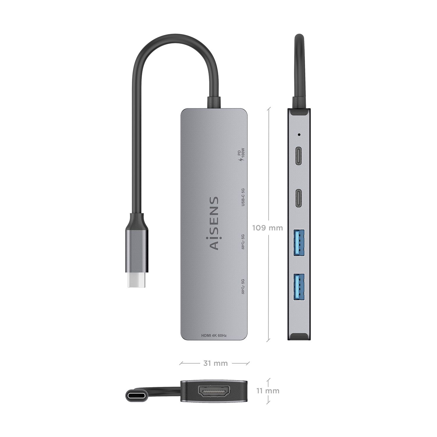 ASUC-5P028-GR - Docking Station AISENS 5en1 USB-C 3.0 a 2xUSB-A/1xUSB-C PD 100W/1xHDMI 4K/60Hz Gris (ASUC-5P028-GR)
