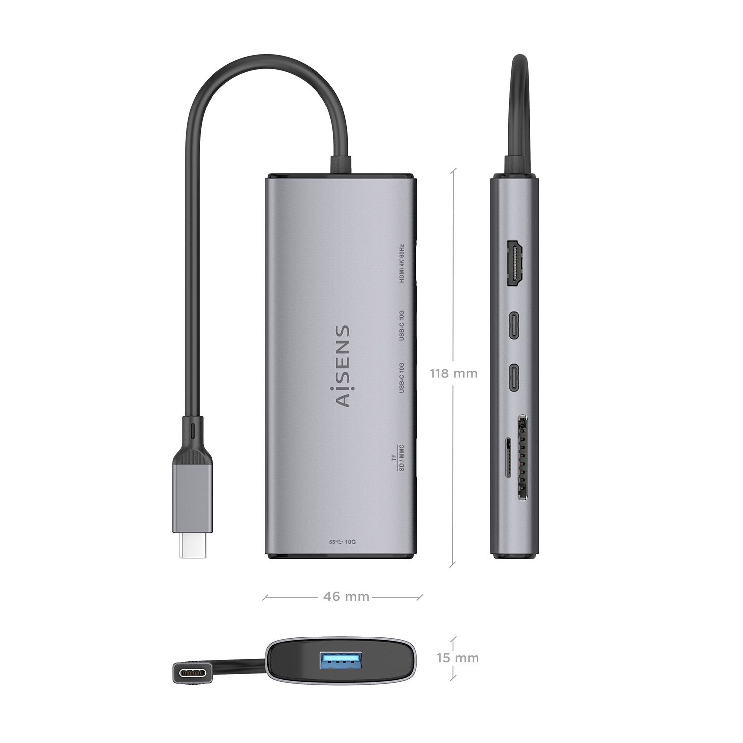 ASUC-6P029-GR - Docking Station AISENS 6en1 USB-C 3.0 a 1xUSB-A/2xUSB-C/1xHDMI/Lector Tarjetas 4K/60Hz Gris (ASUC-6P029-GR)