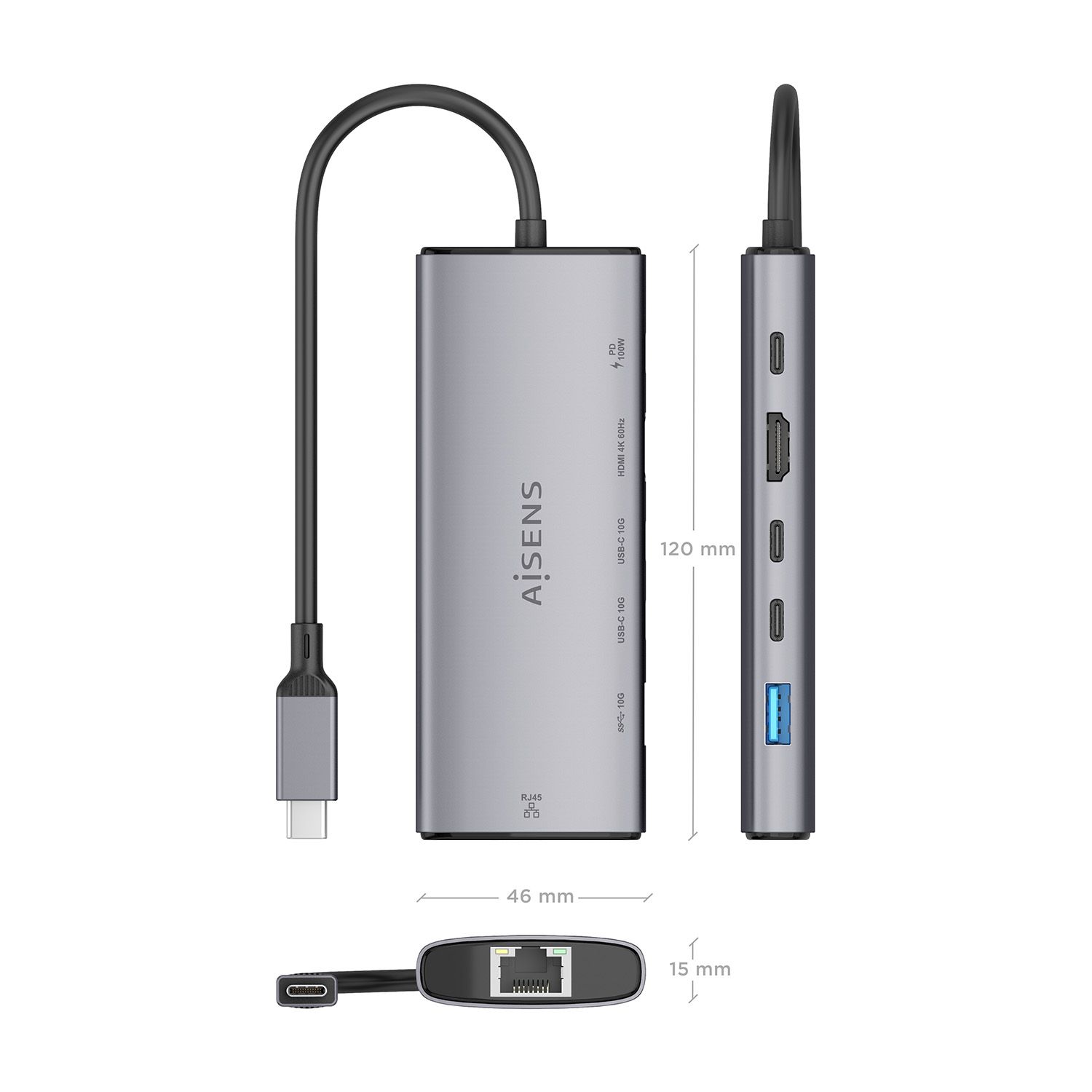 ASUC-6P030-GR - Docking Station AISENS 6en1 USB-C 3.0 a 1xUSB-A/2xUSB-C PD 100W/1xHDMI/1xRJ45 4K/60Hz Gris (ASUC-6P030-GR)