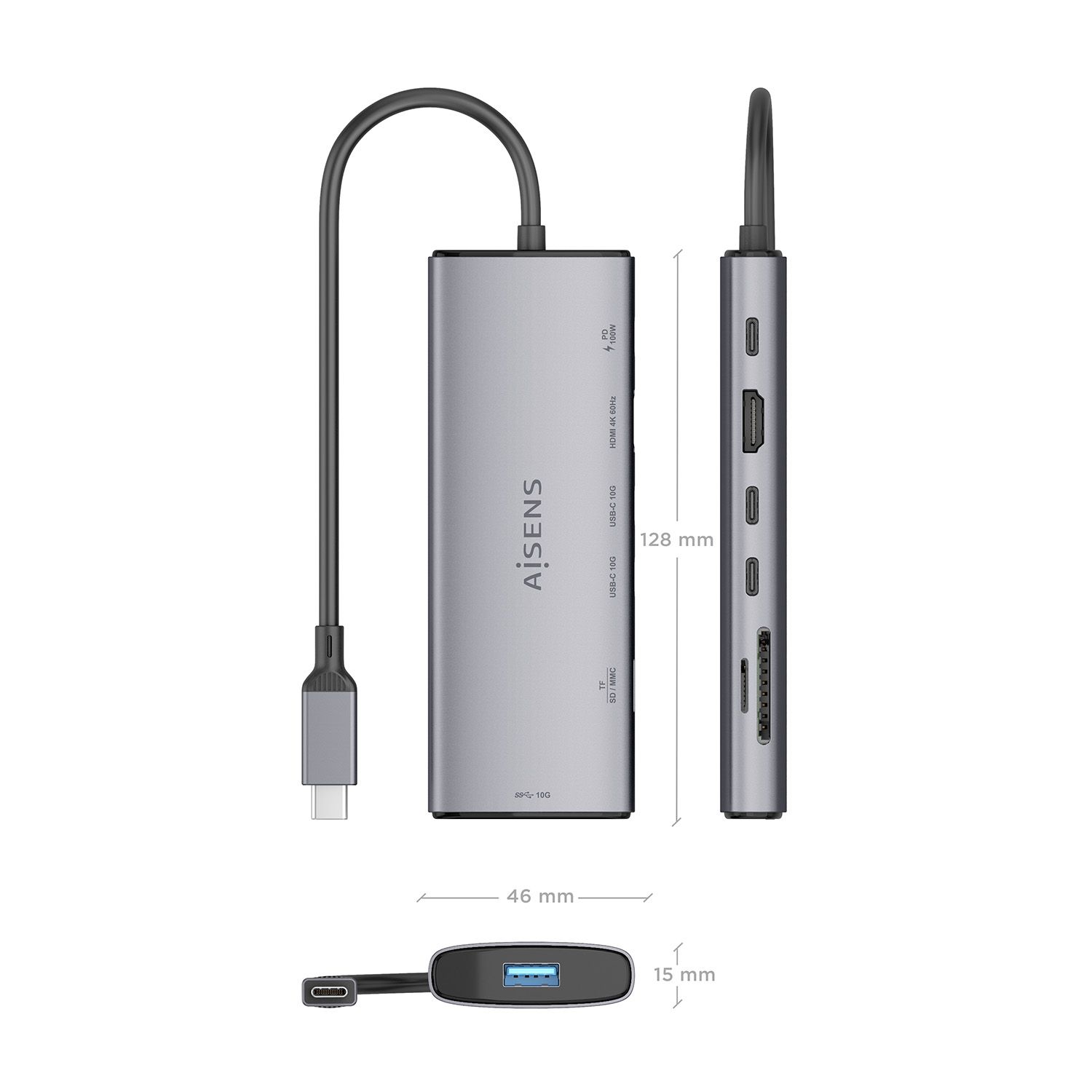 ASUC-7P031-GR - Docking Station AISENS 7en1 USB-C 3.0 a 1xUSB-A/2xUSB-C/1xUSB-C PD 100W/1xHDMI/Lector Tarjetas 4K/60Hz Gris (ASUC-7P031-GR)