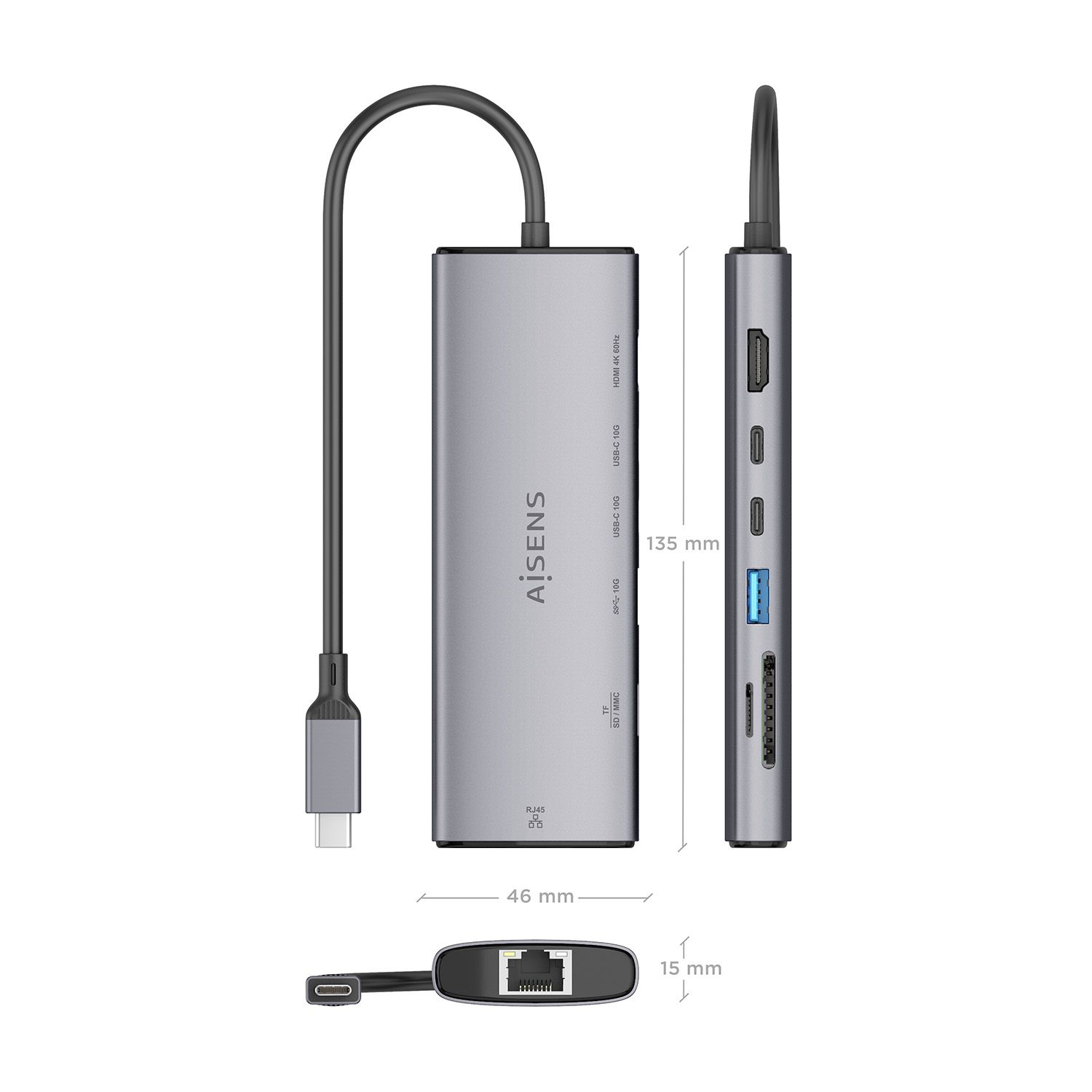 ASUC-7P032-GR - Docking Station Aisens 7en1 Usb-C a 1xHDMI, 1xRJ45, 1xUsb-A 10G, 2xUsb-C 10G, 1xSD, 1xMicro SD, Gris. (ASUC-7P032-GR)