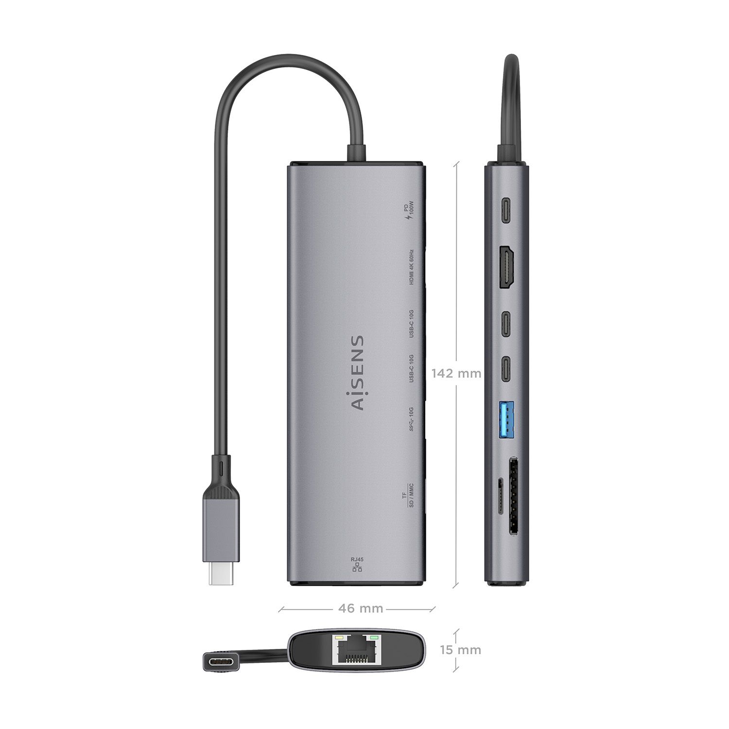 ASUC-8P033-GR - Docking Station Aisens 8en1 Usb-C a 1xHDMI, 1xRJ45, 1xUSB-A 10G, 2xUSB-C 10G, 1xSD, 1xMicro SD, 1xUSB-C PD 100W, Gris.(ASUC-8P033-GR)
