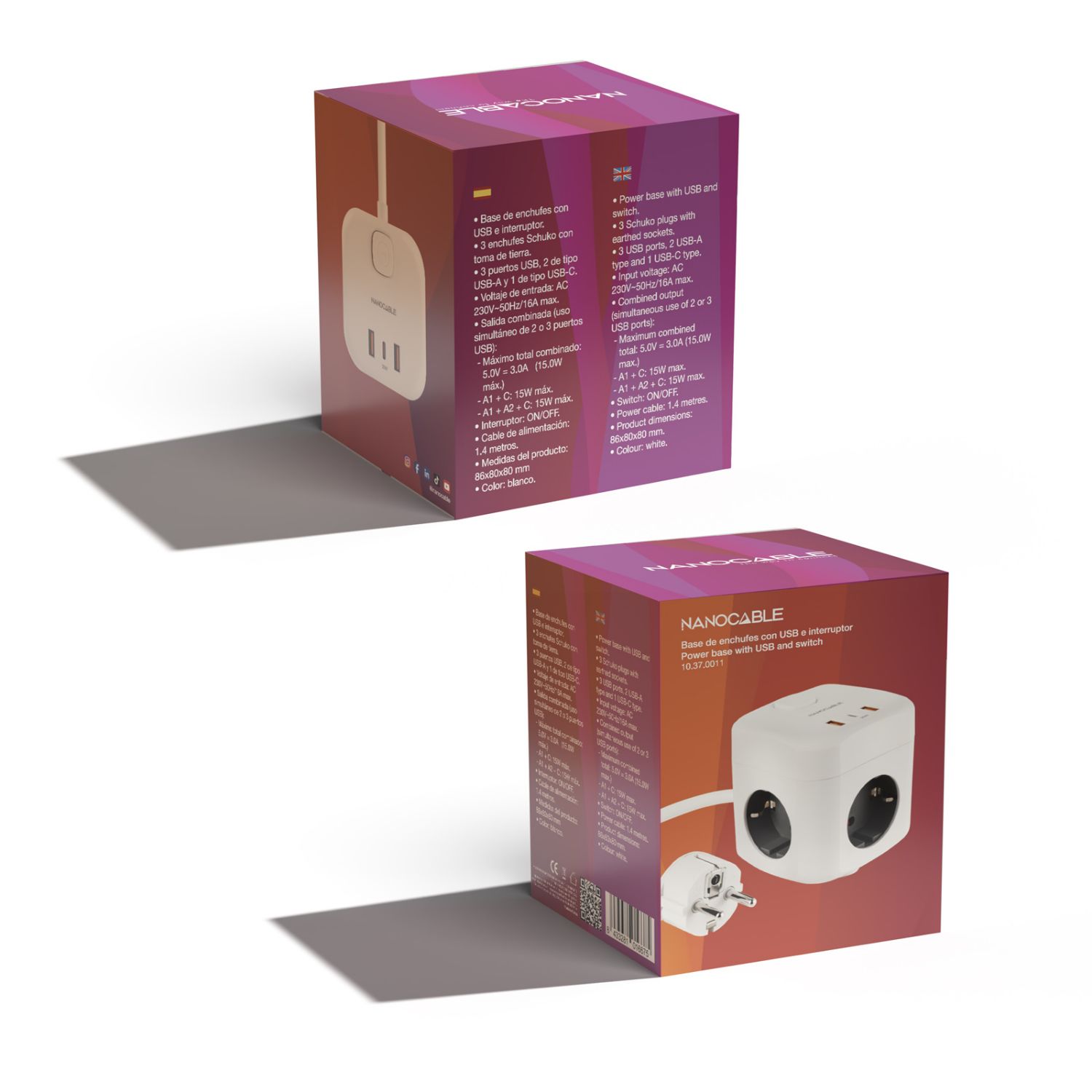 10.37.0011 - Regleta de Sobremesa Nanocable 3xSchuko 2xUSB-A 1xUSB-C PD 20W Interruptor Cable 1.4m Blanco (10.37.0011)