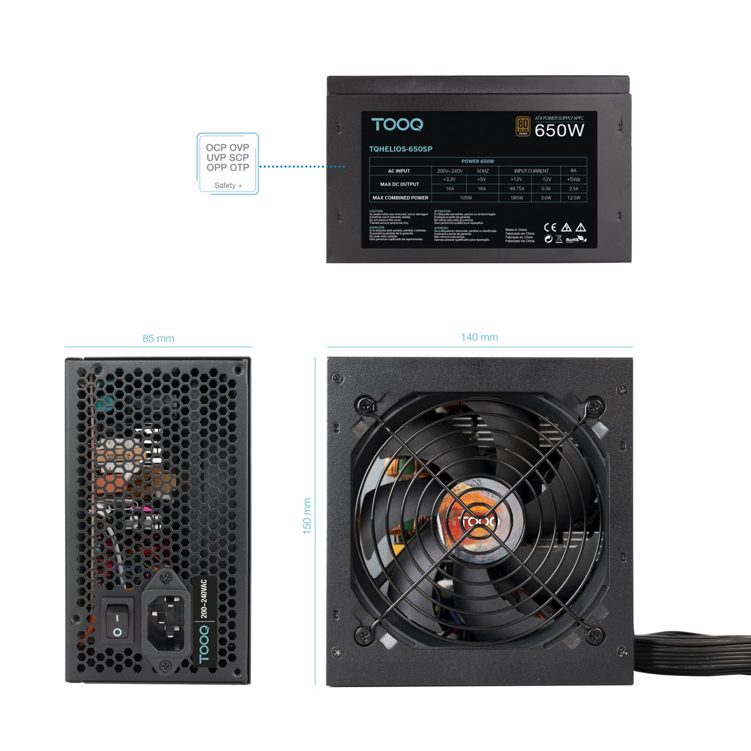 TQHELIOS-650SP - Fuente TooQ ATX 650W APFC 12cm 24-pin ATX 3xMolex 5xSATA 1xPCIe 80 Plus Bronze Negra (TQHELIOS-650SP)