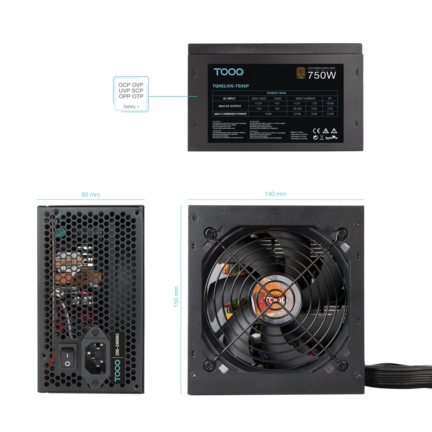 TQHELIOS-750SP - Fuente TooQ ATX 750W APFC 12cm 24-pin ATX 3xMolex 5xSATA 1xPCIe 80 Plus Bronze Negra (TQHELIOS-750SP)