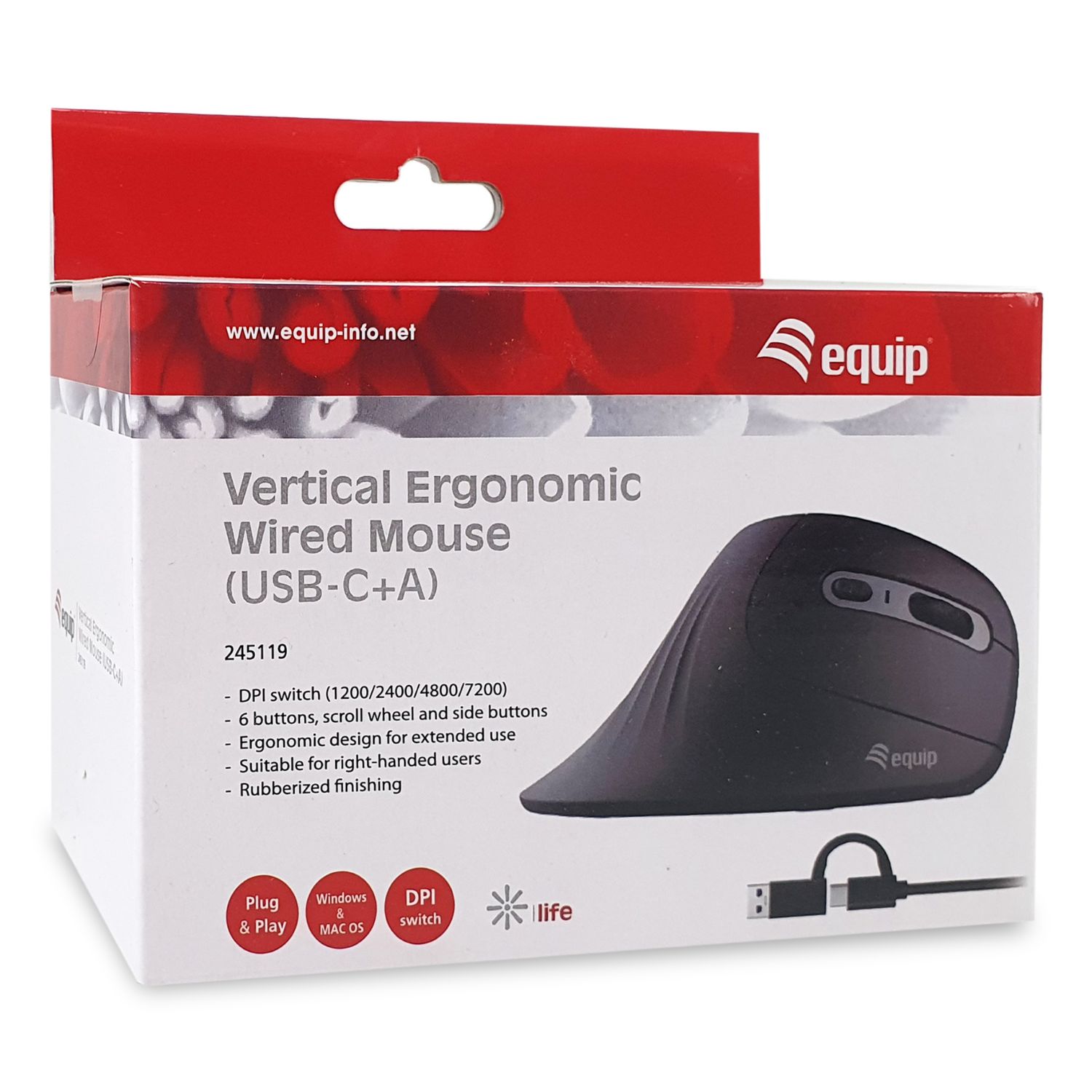 EQ245119 - Rat�n Vertical EQUIP Ergon�mico �ptico Diestro LED Azul USB-A/USB-C Cable 1.8m 7200dpi 6 Botones Negro (EQ245119)
