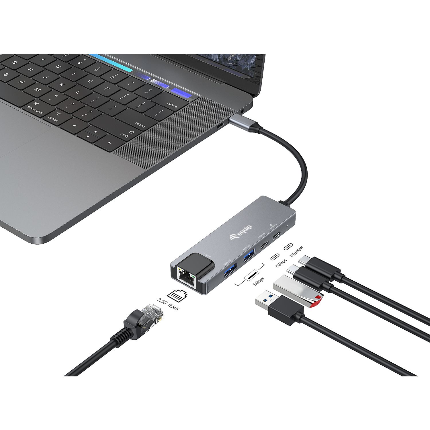 133496 - Adaptador EQUIP USB-C 3.0 a 2xUSB-A 3.0/2xUSB-C 3.0 PD 3.0 100W/1xRJ45 Ethernet 2.5 GbE 0.25m Gris (EQ133496)
