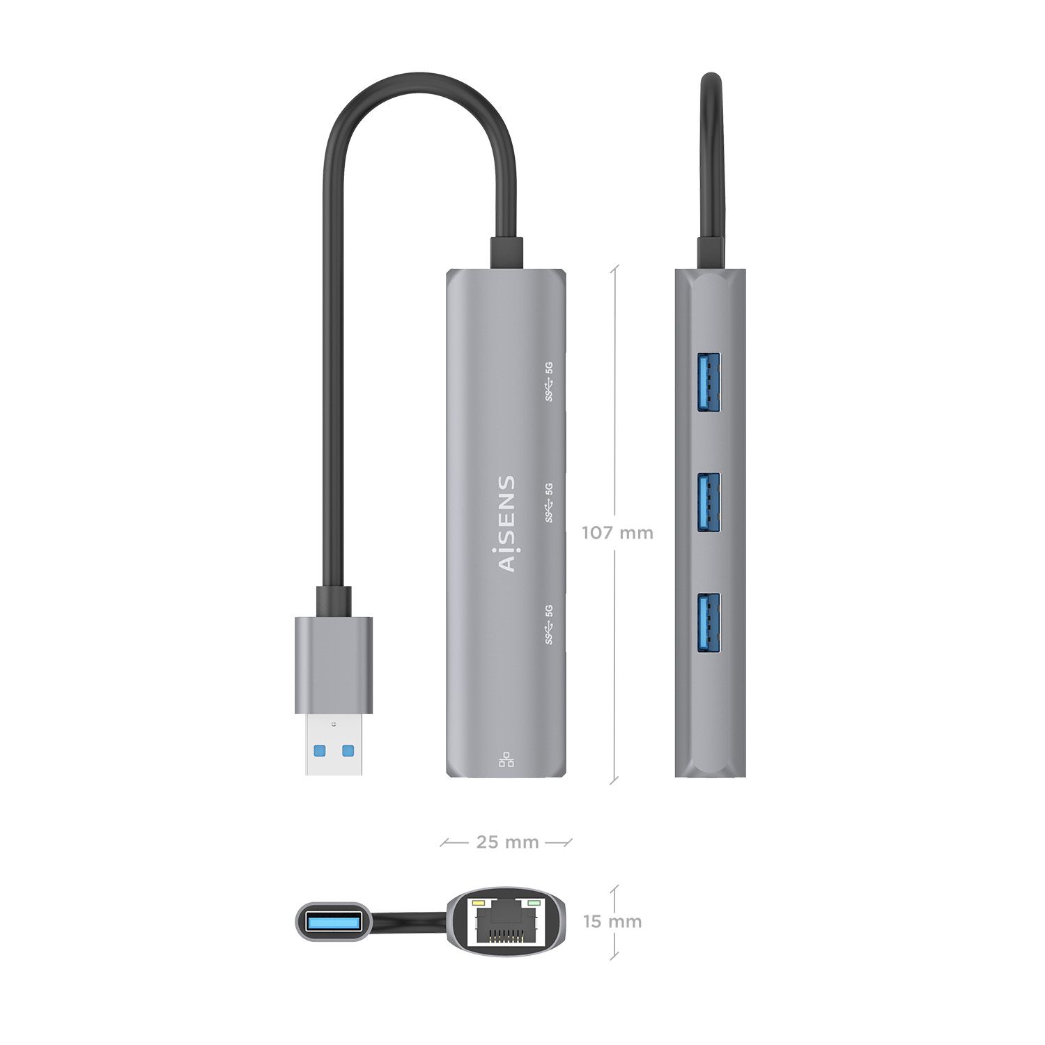 ASUC-4P034-GR - Hub AISENS USB-A 3.0 a 3xUSB-A 3.0/1xRJ45 Ethernet GbE 15cm Gris (ASUC-4P034-GR)
