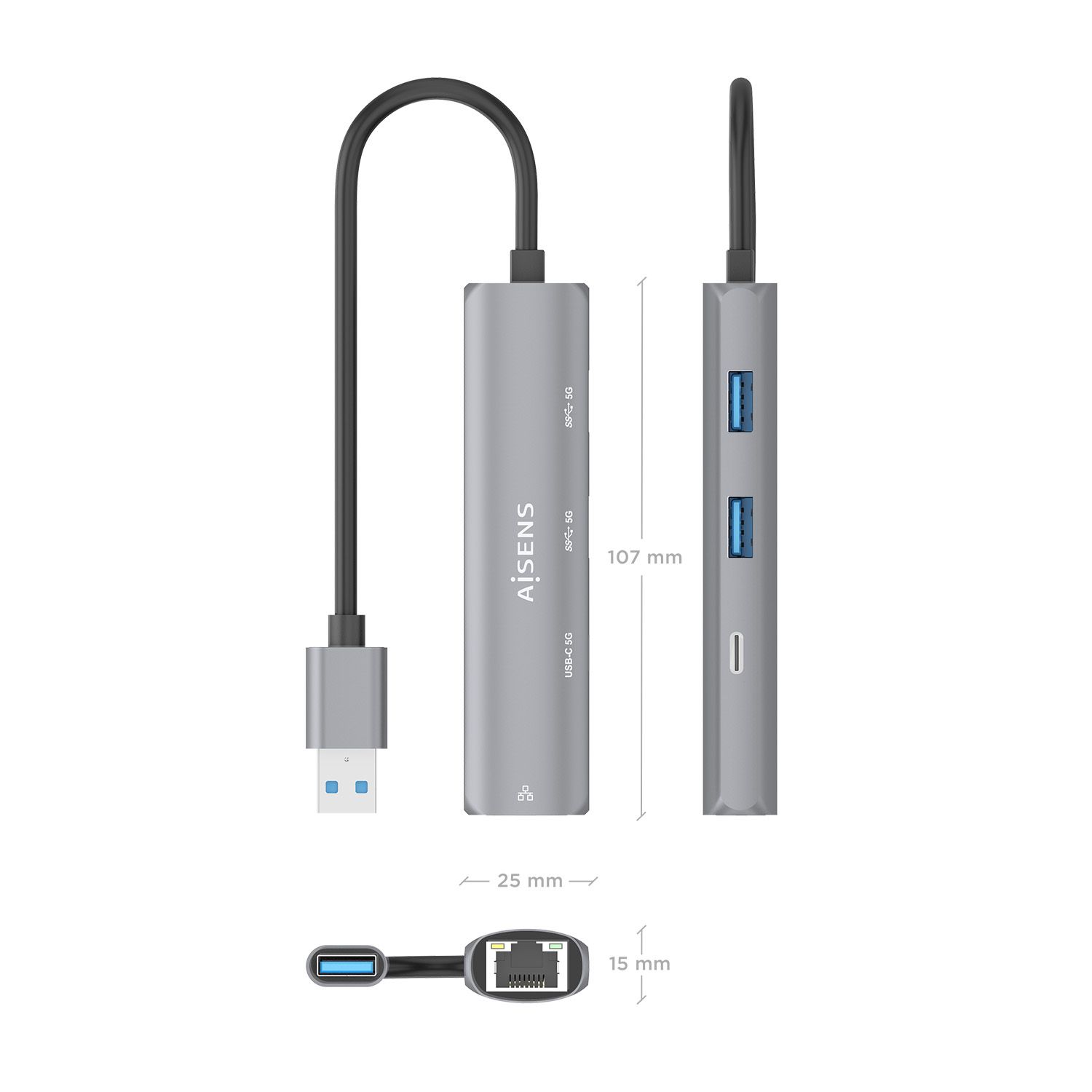 ASUC-4P035-GR - Hub AISENS USB-A 3.0 a 2xUSB-A 3.0/1xUSB-C 3.0/1xRJ45 Ethernet GbE 15cm Gris (ASUC-4P035-GR)