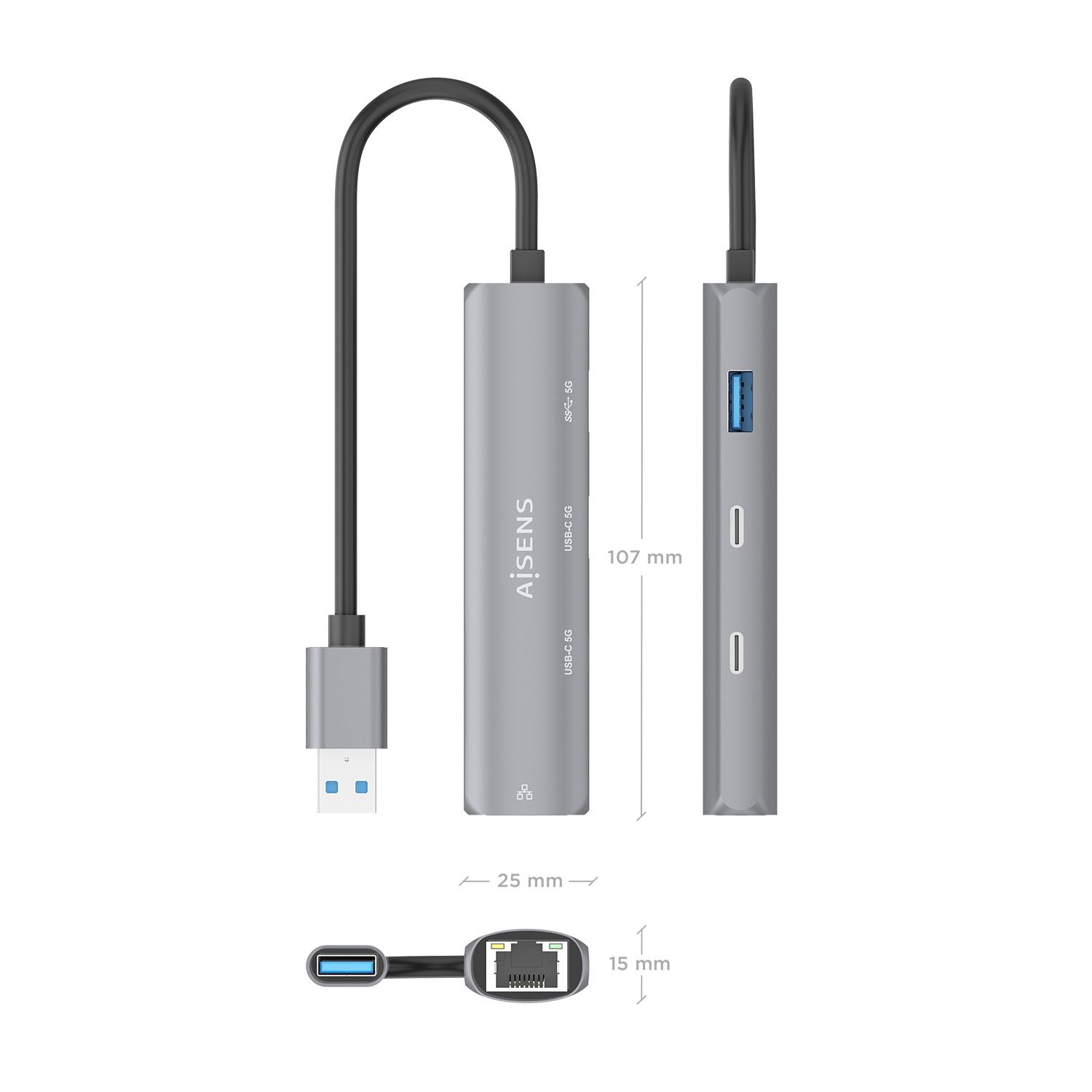 ASUC-4P036-GR - Hub AISENS USB-A 3.0 a 1xUSB-A 3.0/2xUSB-C 3.0/1xRJ45 Ethernet GbE 15cm Gris (ASUC-4P036-GR)