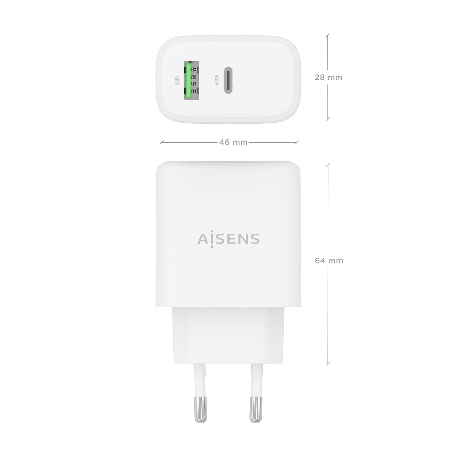 A110-0971 - Cargador de Pared AISENS GaN 45W 1xUSB-A QC 3.0 1xUSB-C PD 3.0 QC 4.0 Blanco (A110-0971)