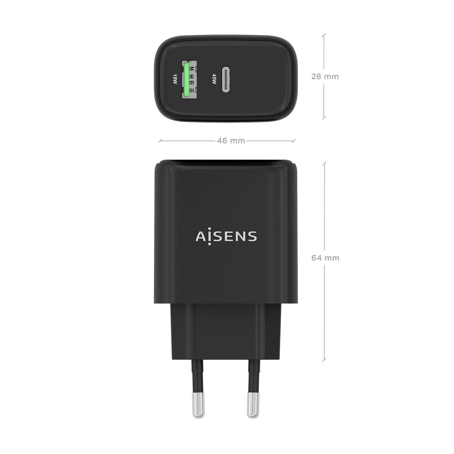 A110-0972 - Cargador de Pared AISENS GaN 45W 1xUSB-A QC 3.0 1xUSB-C PD 3.0 QC 4.0 Negro (A110-0972)