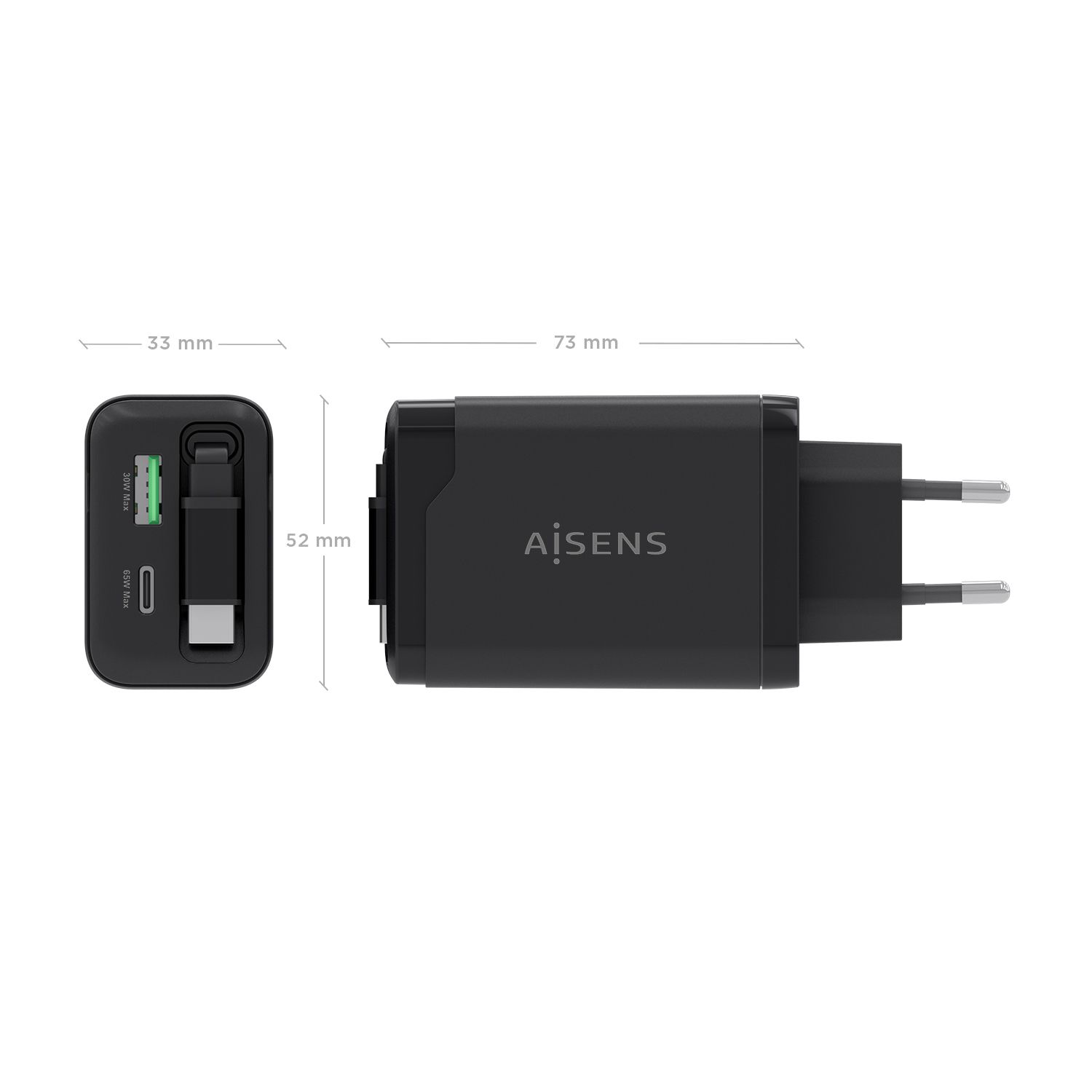 ASCH-65W3P071-BK - Cargador de Pared Aisens GaN 1Usb-A, 1Usb-C PD3.0, 65W Cable Retr�ctil Usb-C, Negro. (ASCH-65W3P071-BK)