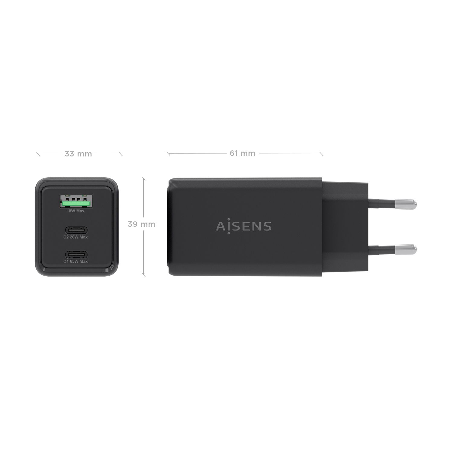 ASCH-65W3P073-BK - Cargador de Pared Aisens GaN 2Usb-C Usb-C 65W Negro (ASCH-65W3P073-BK)