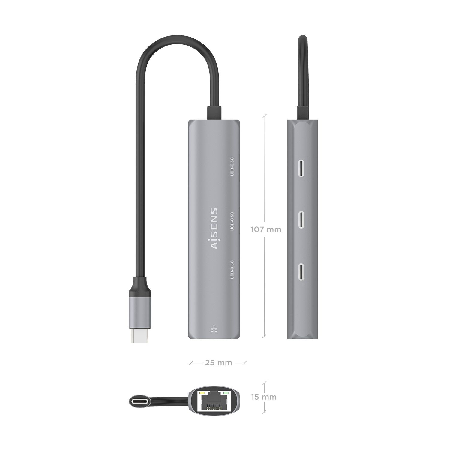 ASUC-4P041-GR - Docking Station AISENS USB-C a 3xUSB-C/1xRJ45 Ethernet GbE 15cm Gris (ASUC-4P041-GR)