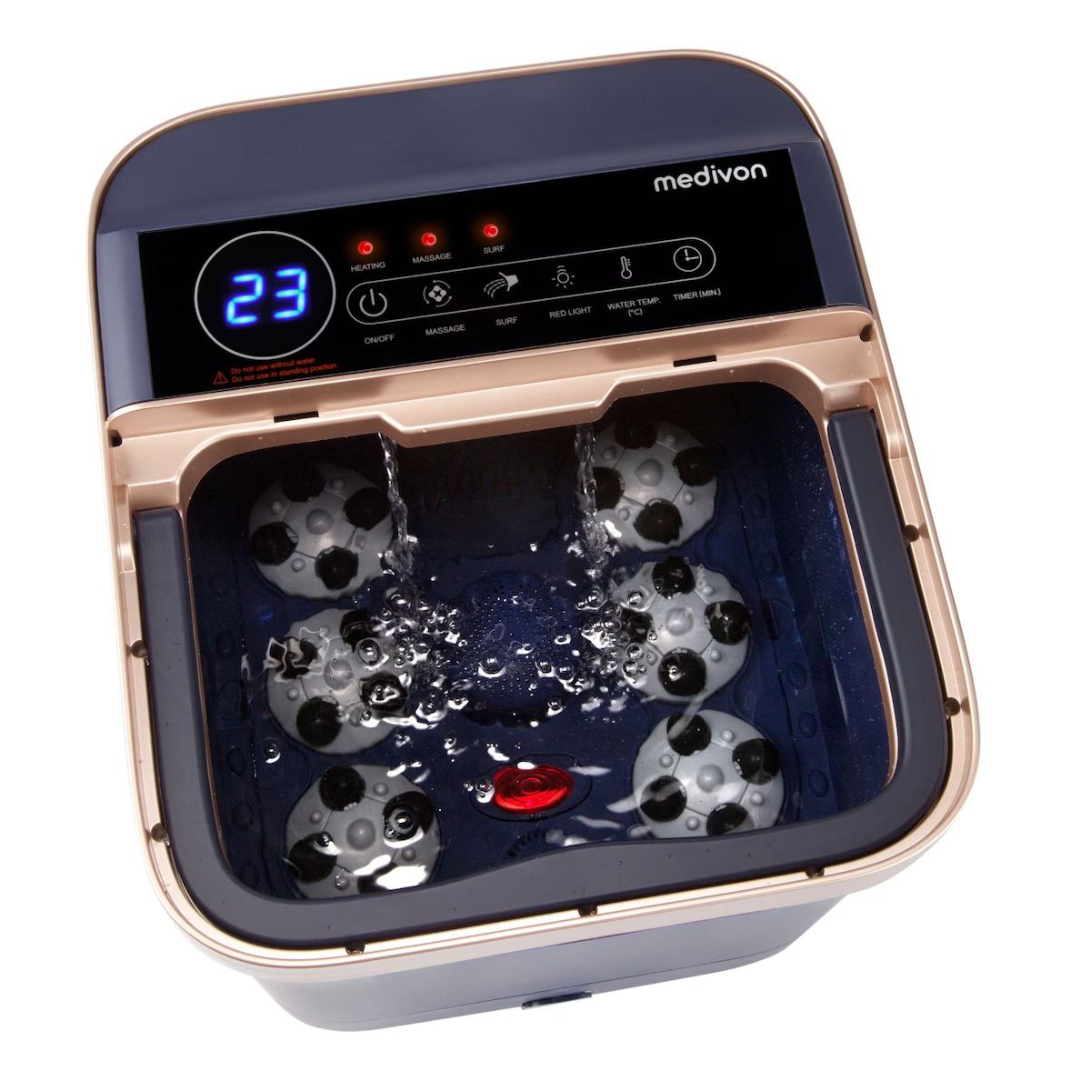 WATER FOOT MASSAGER HYDRO - Masajeador de pies Medivon Hydro 20Litros de capacidad, Estimulaci�n de puntos de acupresi�n, 6 cabezales giratorios de shiatsu, Masaje Tai Chi, Circulaci�n de temperatura constante 35-48�C, Modo de agua SURF, Terapia de luz roja.