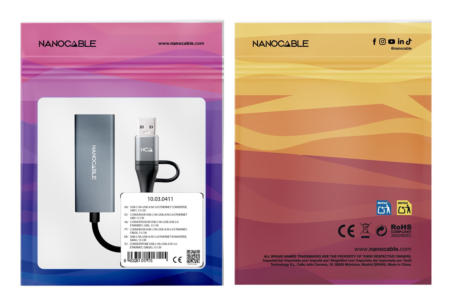 10.03.0411 - Conversor Nanocable USB-A+USB-C/M 3.0 a RJ45 15cm Gris (10.03.0411)