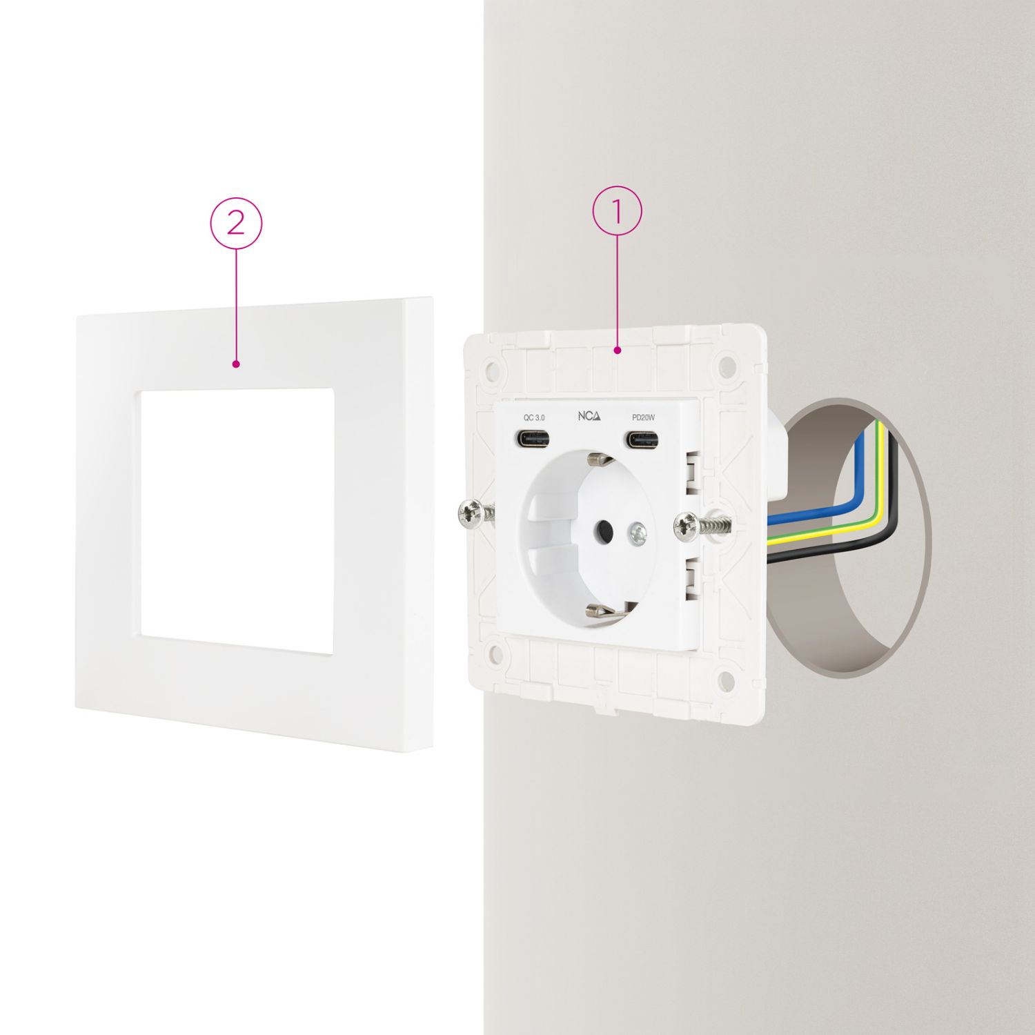 10.35.0012 - Enchufe de Pared Nanocable Schuko 1xUSB-C QC 3.0/1xUSB-C PD 20W Blanco (10.35.0012)