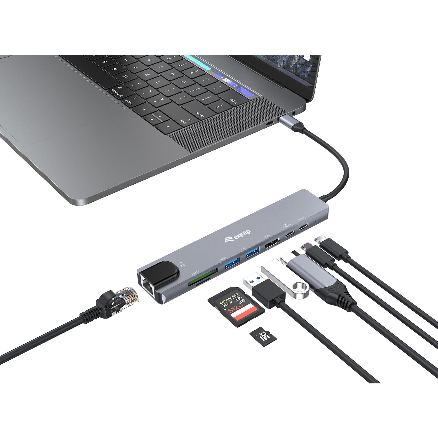 EQ133497 - Docking Station EQUIP 8 en 1 USB-C a 2xUSB-A/1xUSB-C PD 100W/1xHDMI 4K/30Hz/1xRJ45 /Lector mSD/TF 25cm Negro/Gris (EQ133497)